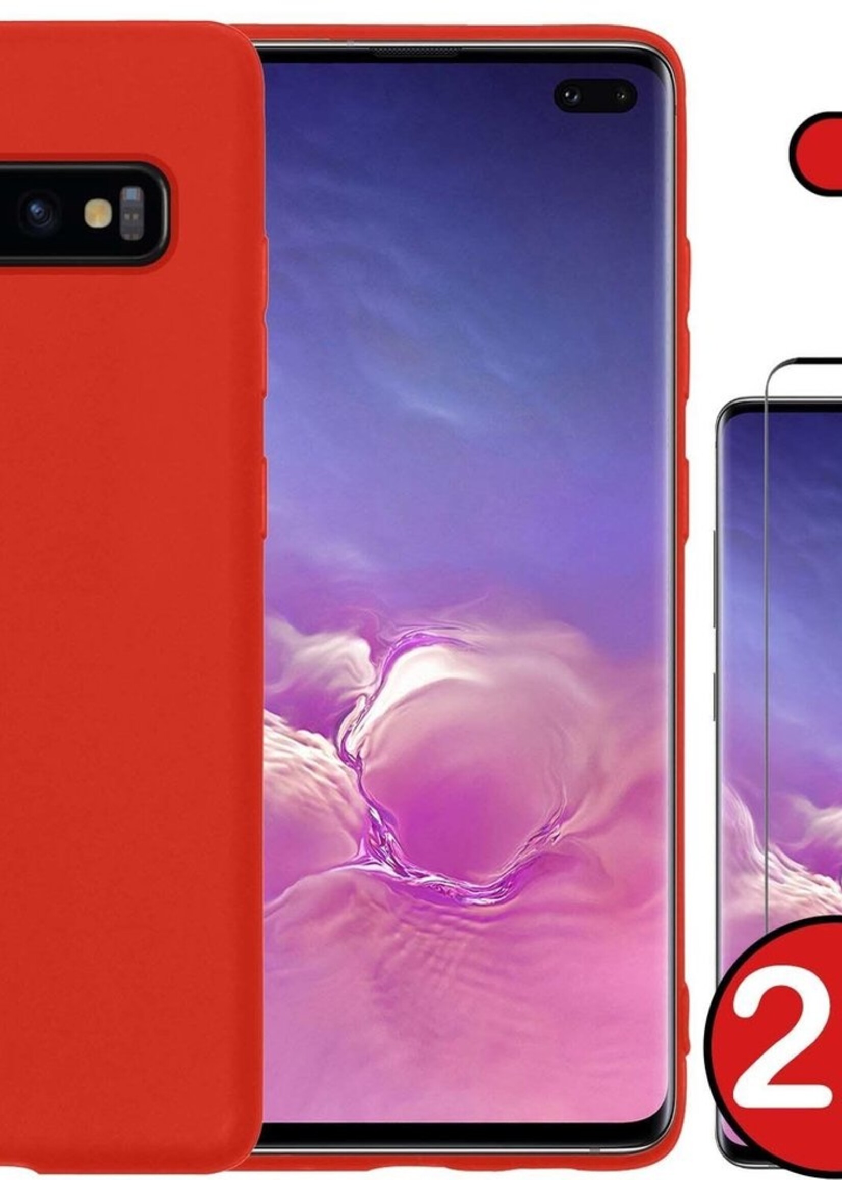 BTH Hoesje Geschikt voor Samsung S10 Hoesje Siliconen Case Hoes Met 2x Screenprotector - Hoes Geschikt voor Samsung Galaxy S10 Hoes Cover Case - Rood