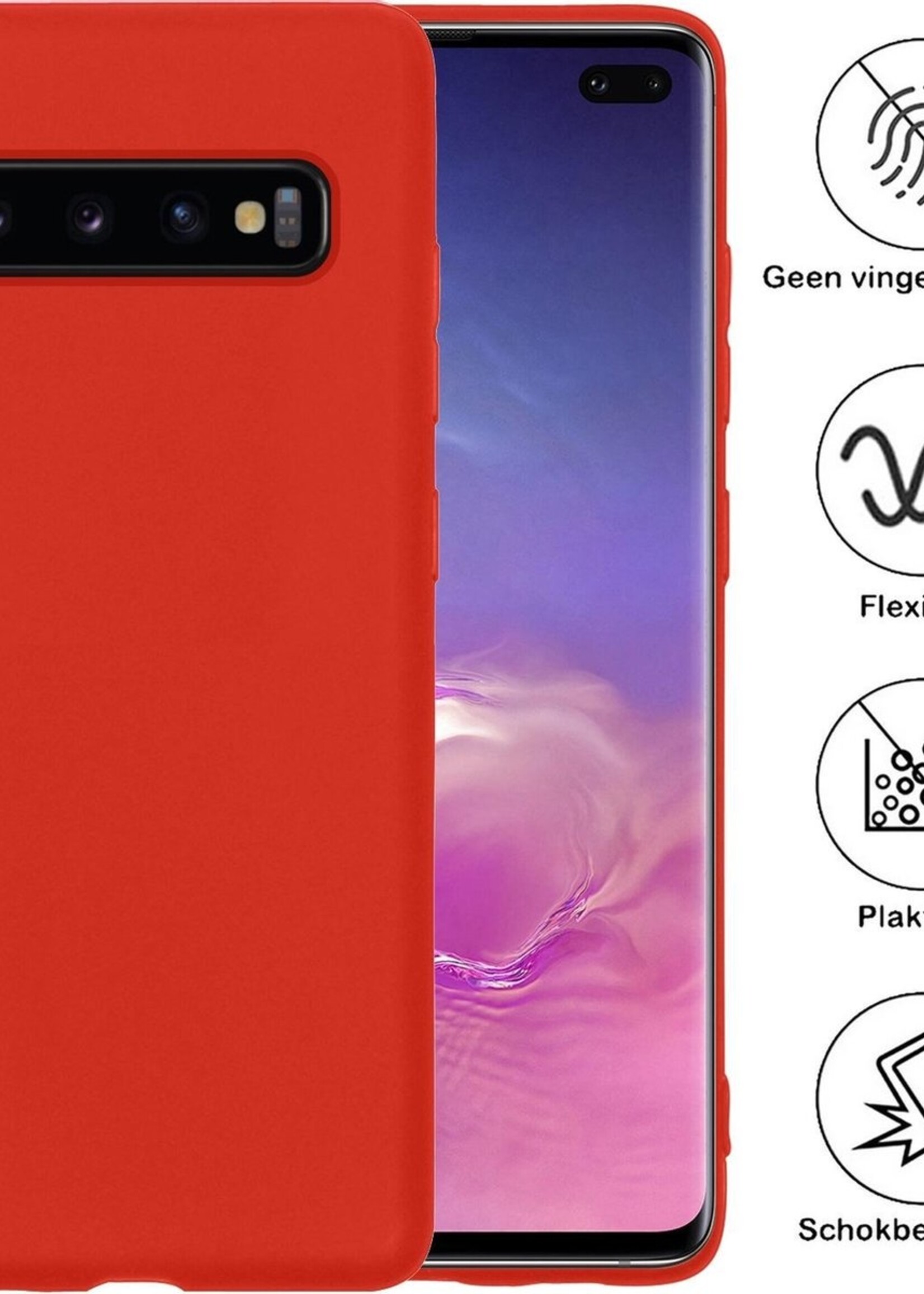 BTH Hoesje Geschikt voor Samsung S10 Hoesje Siliconen Case Hoes Met 2x Screenprotector - Hoes Geschikt voor Samsung Galaxy S10 Hoes Cover Case - Rood