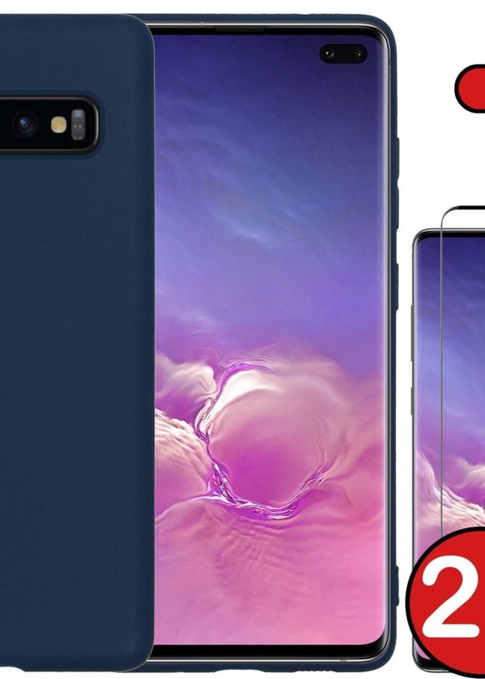 BTH Hoesje Geschikt voor Samsung S10 Hoesje Siliconen Case Hoes Met 2x Screenprotector - Hoes Geschikt voor Samsung Galaxy S10 Hoes Cover Case - Donkerblauw