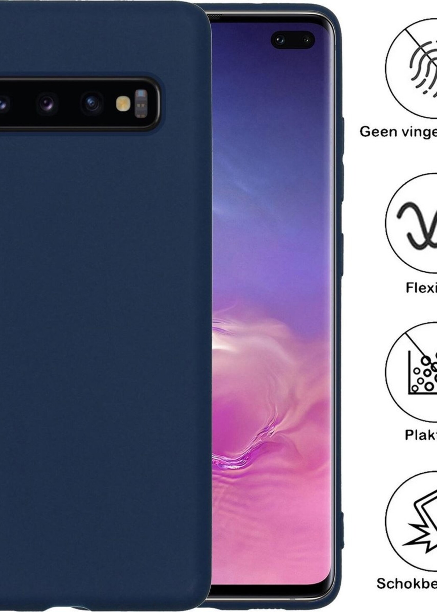BTH Hoesje Geschikt voor Samsung S10 Hoesje Siliconen Case Hoes Met 2x Screenprotector - Hoes Geschikt voor Samsung Galaxy S10 Hoes Cover Case - Donkerblauw