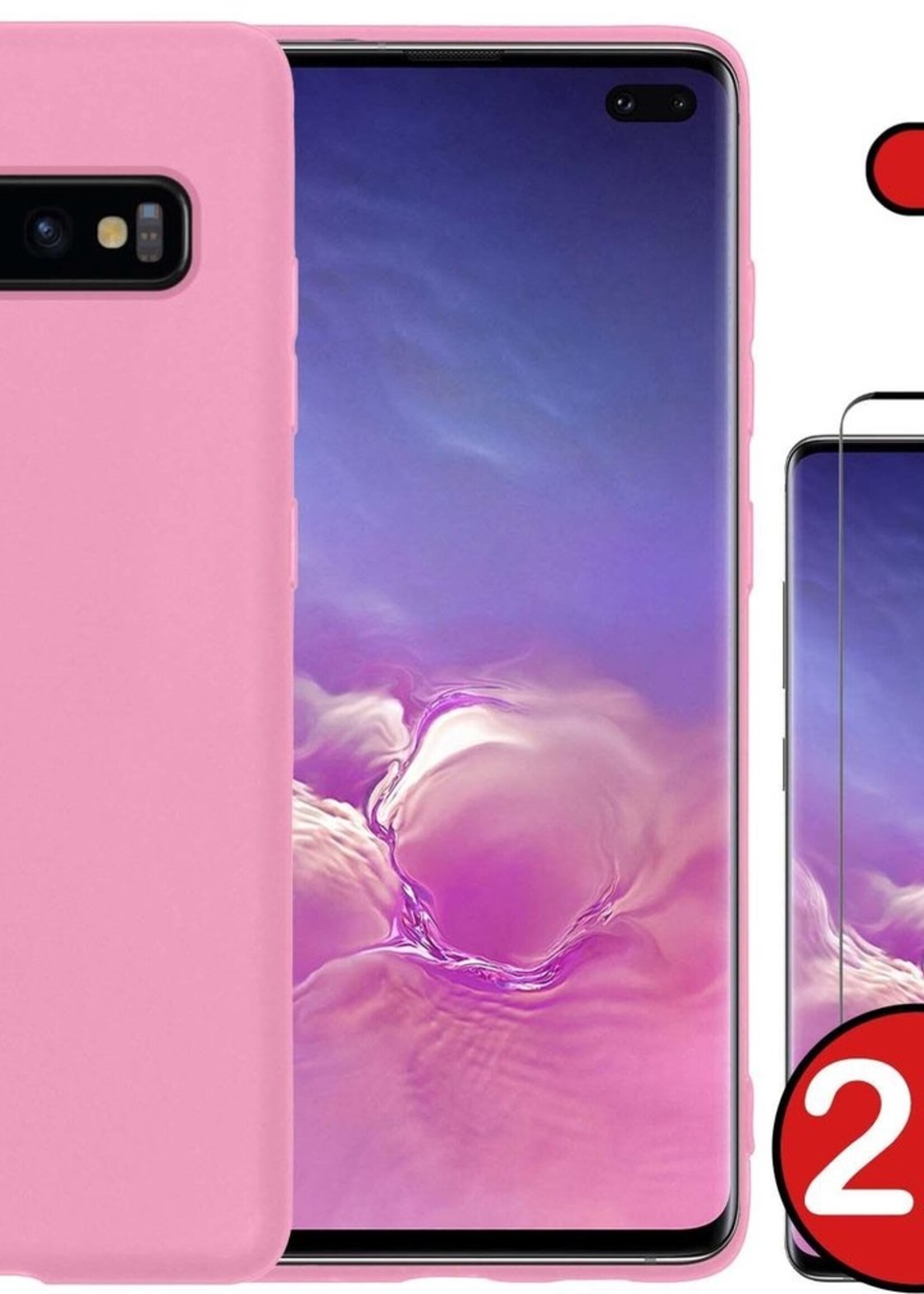 BTH Hoesje Geschikt voor Samsung S10 Hoesje Siliconen Case Hoes Met 2x Screenprotector - Hoes Geschikt voor Samsung Galaxy S10 Hoes Cover Case - Lichtroze