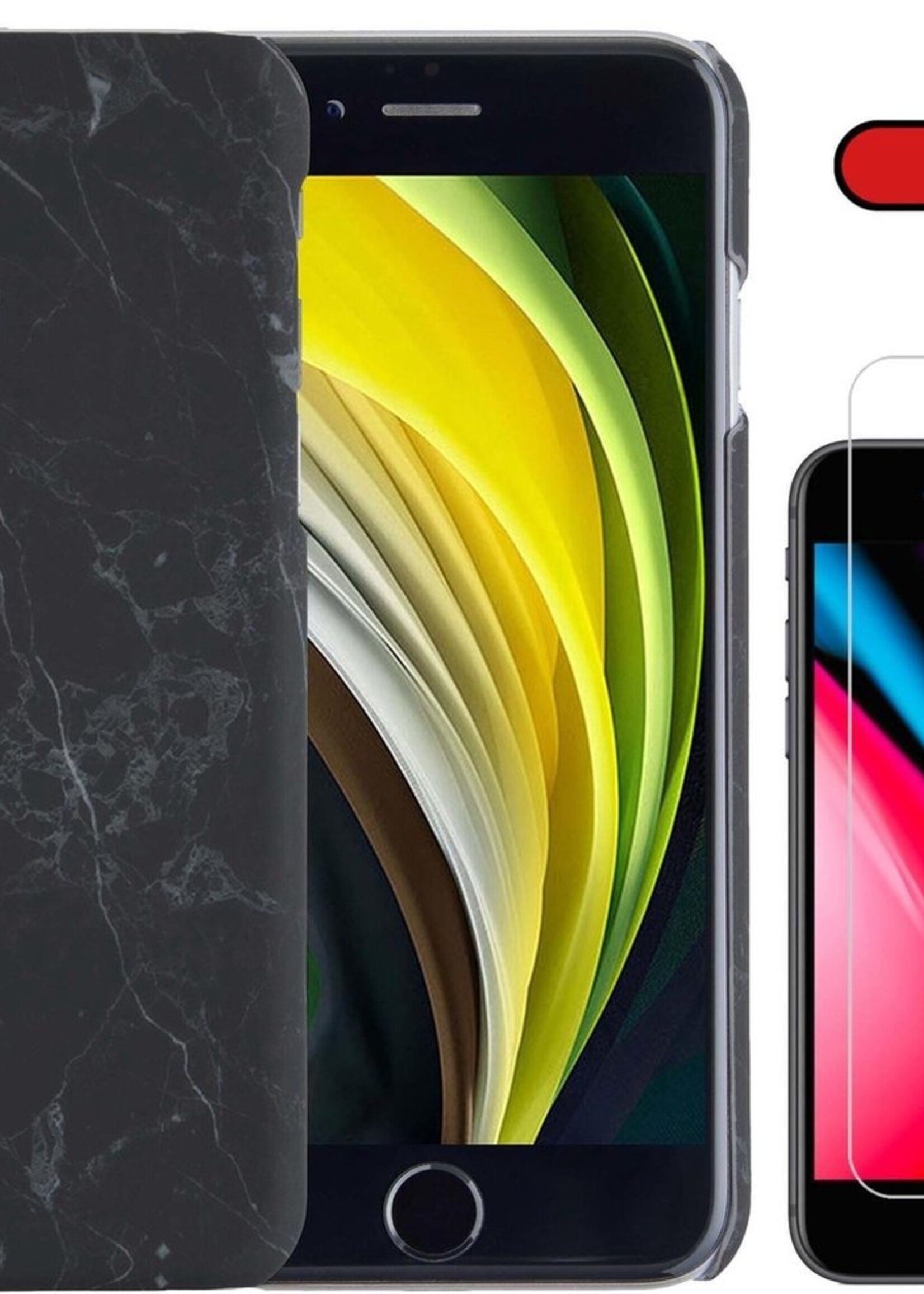 BTH Hoesje Geschikt voor iPhone SE 2020 Hoesje Marmer Hardcover Fashion Case Hoes Met Screenprotector - Hoes Geschikt voor iPhone SE (2020) Marmer Hoesje Hardcase Back Cover - Zwart