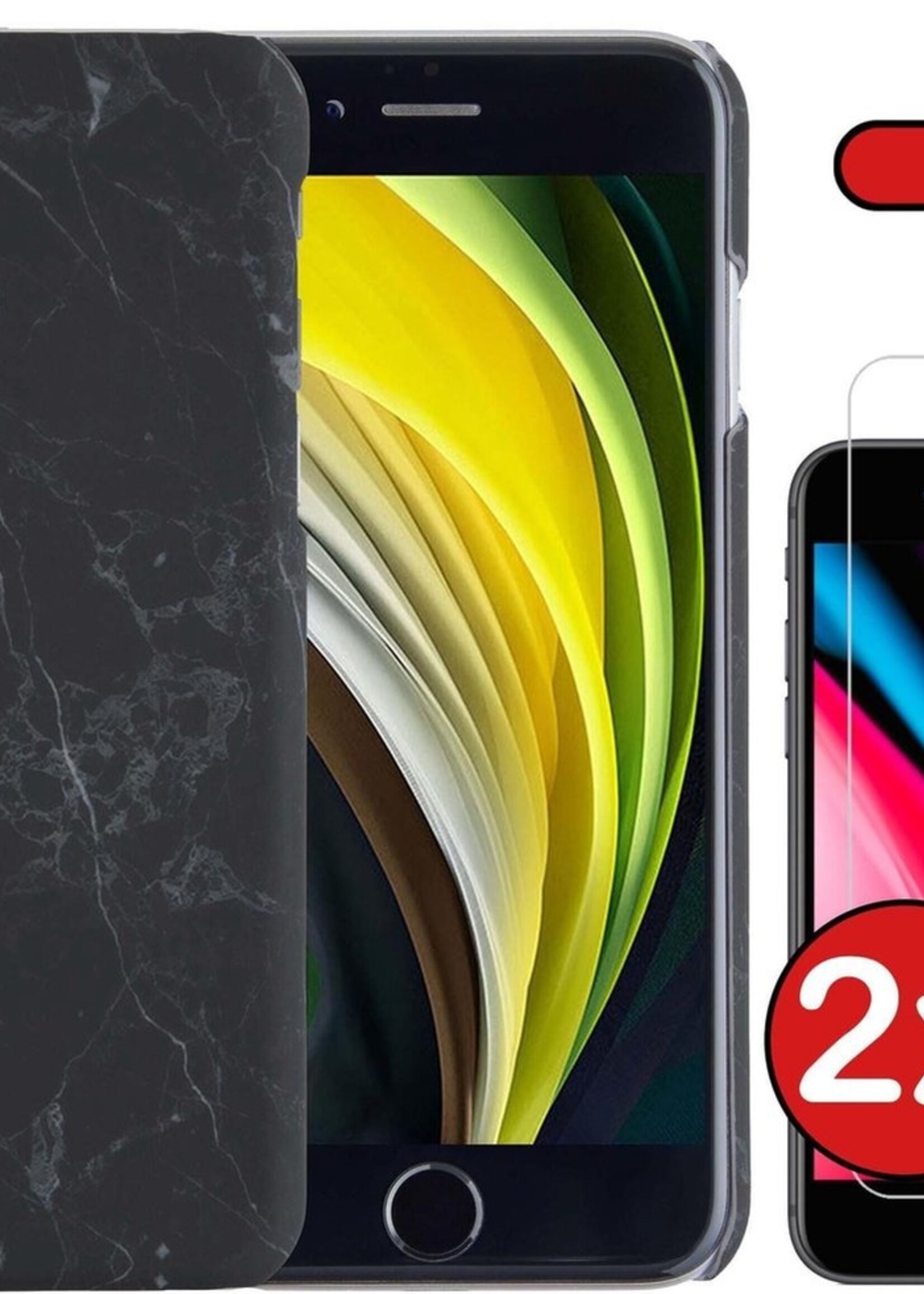 BTH Hoesje Geschikt voor iPhone 8 Hoesje Marmer Hardcover Fashion Case Hoes Met 2x Screenprotector - Hoes Geschikt voor iPhone 8 Marmer Hoesje Hardcase Back Cover - Zwart
