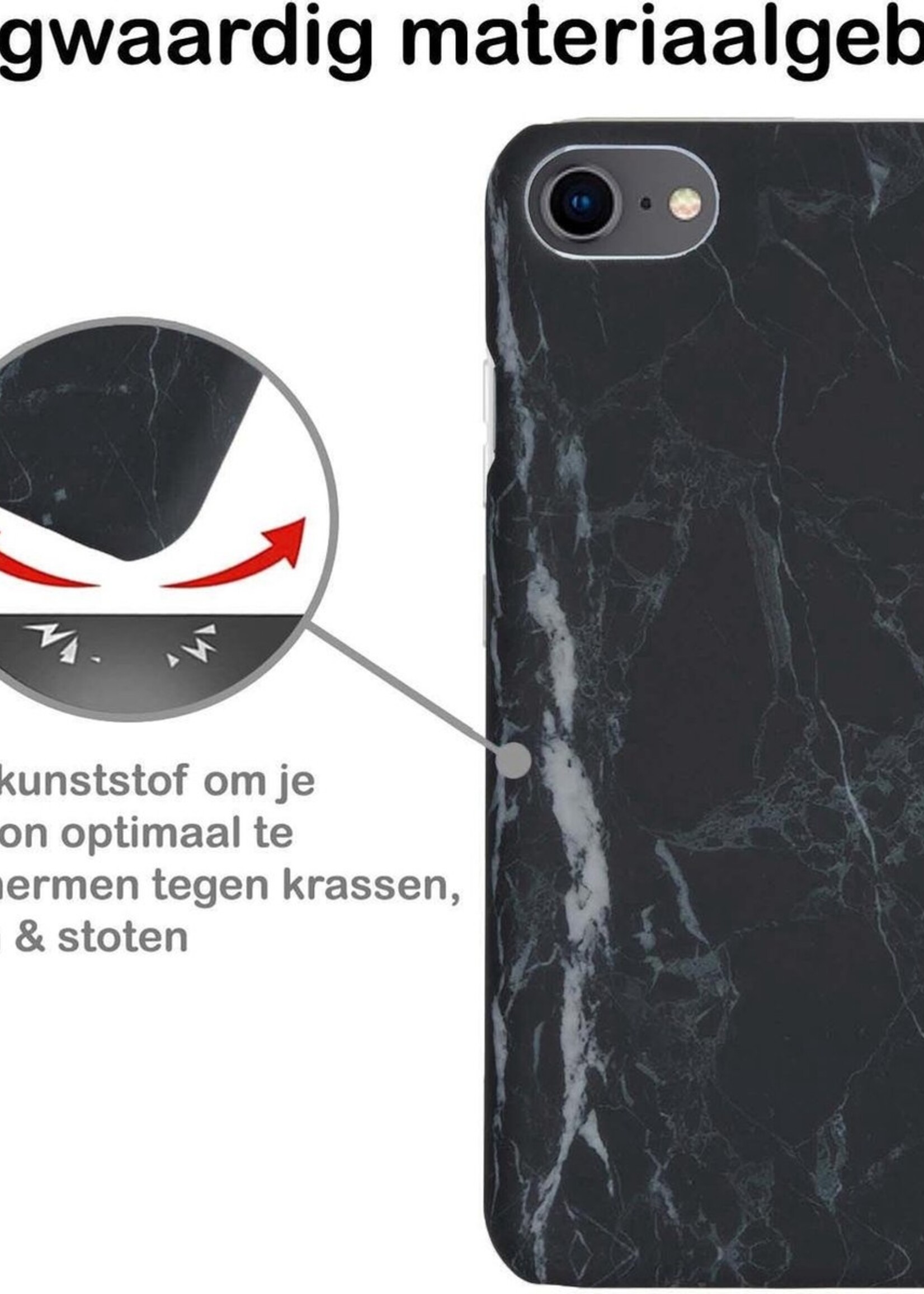 BTH Hoesje Geschikt voor iPhone 8 Hoesje Marmer Hardcover Fashion Case Hoes Met 2x Screenprotector - Hoes Geschikt voor iPhone 8 Marmer Hoesje Hardcase Back Cover - Zwart