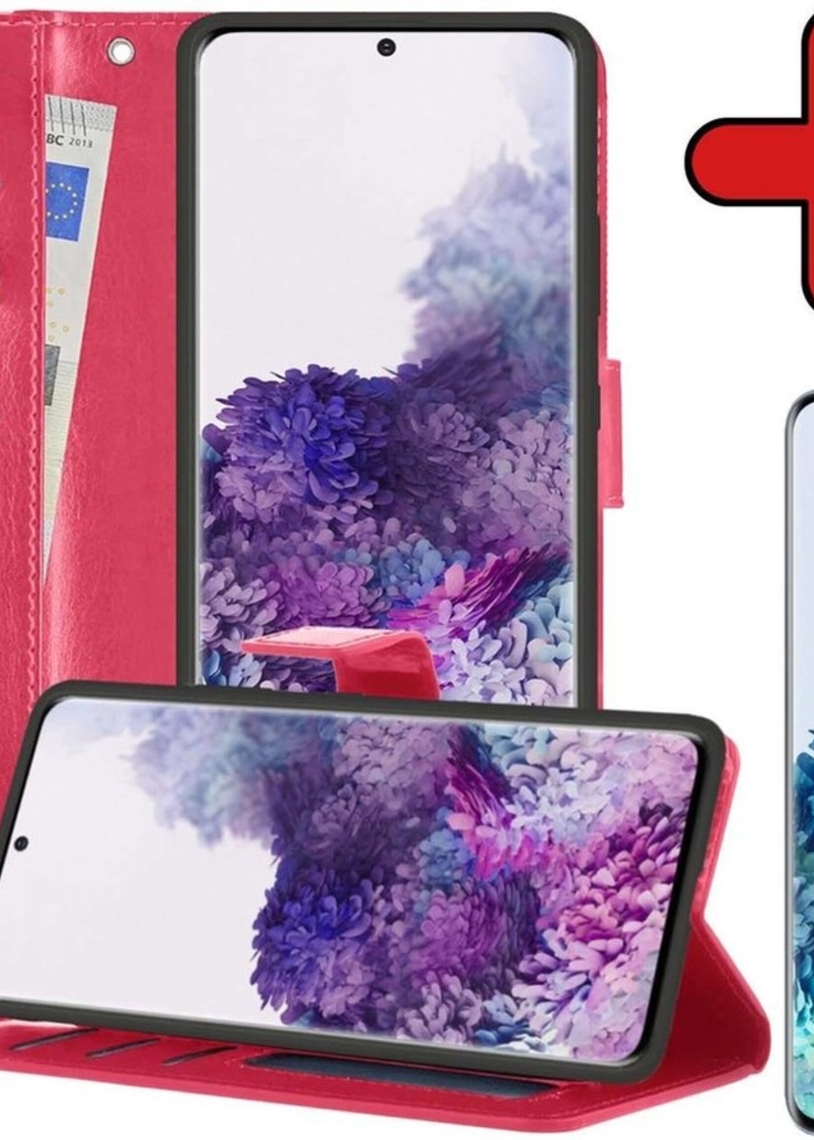 BTH Hoesje Geschikt voor Samsung S20 Hoesje Book Case Hoes Portemonnee Cover Walletcase Met Screenprotector - Hoes Geschikt voor Samsung Galaxy S20 Hoes Bookcase Hoesje - Donkerroze