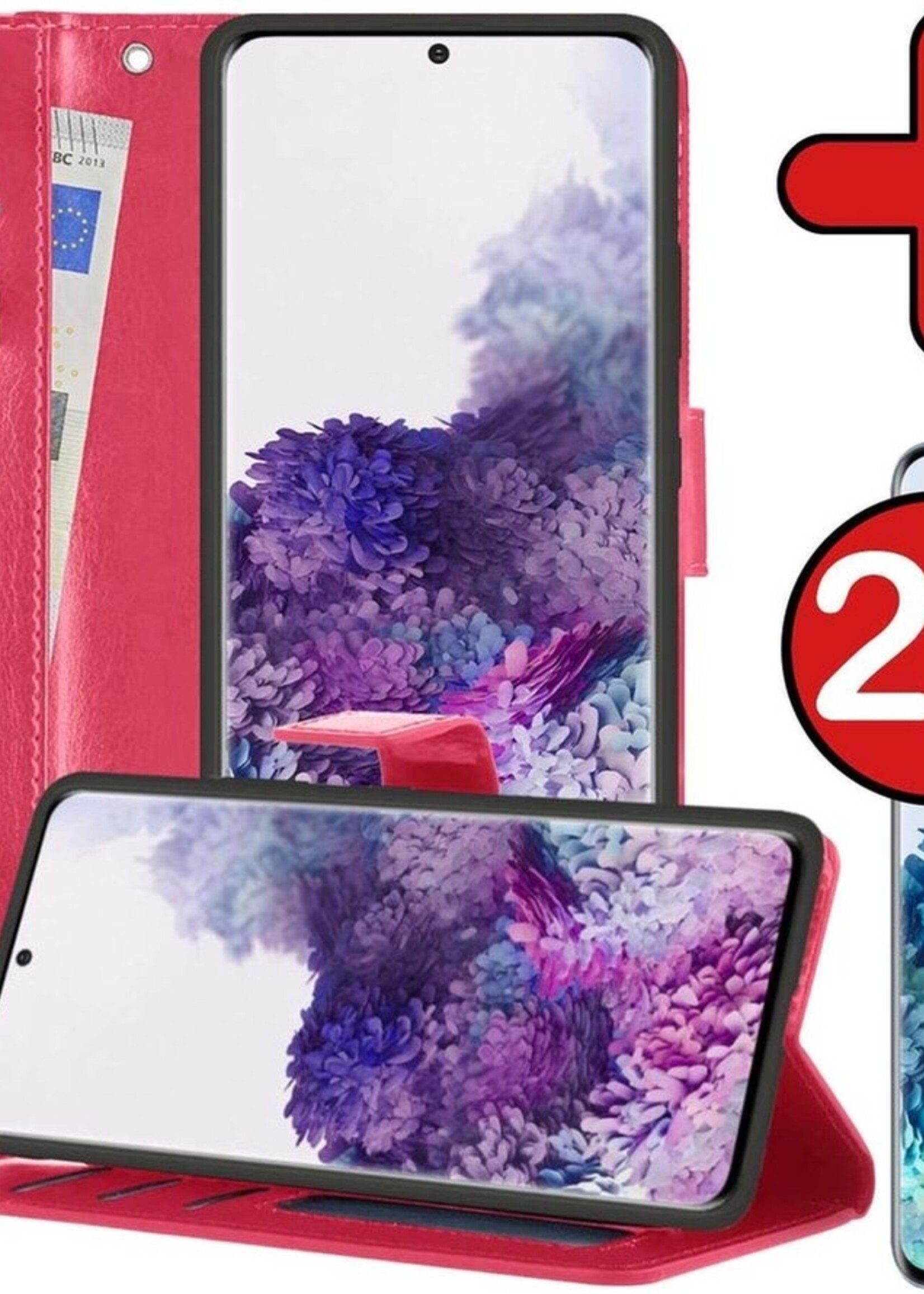 BTH Hoesje Geschikt voor Samsung S20 Hoesje Book Case Hoes Portemonnee Cover Walletcase Met 2x Screenprotector - Hoes Geschikt voor Samsung Galaxy S20 Hoes Bookcase Hoesje - Donkerroze