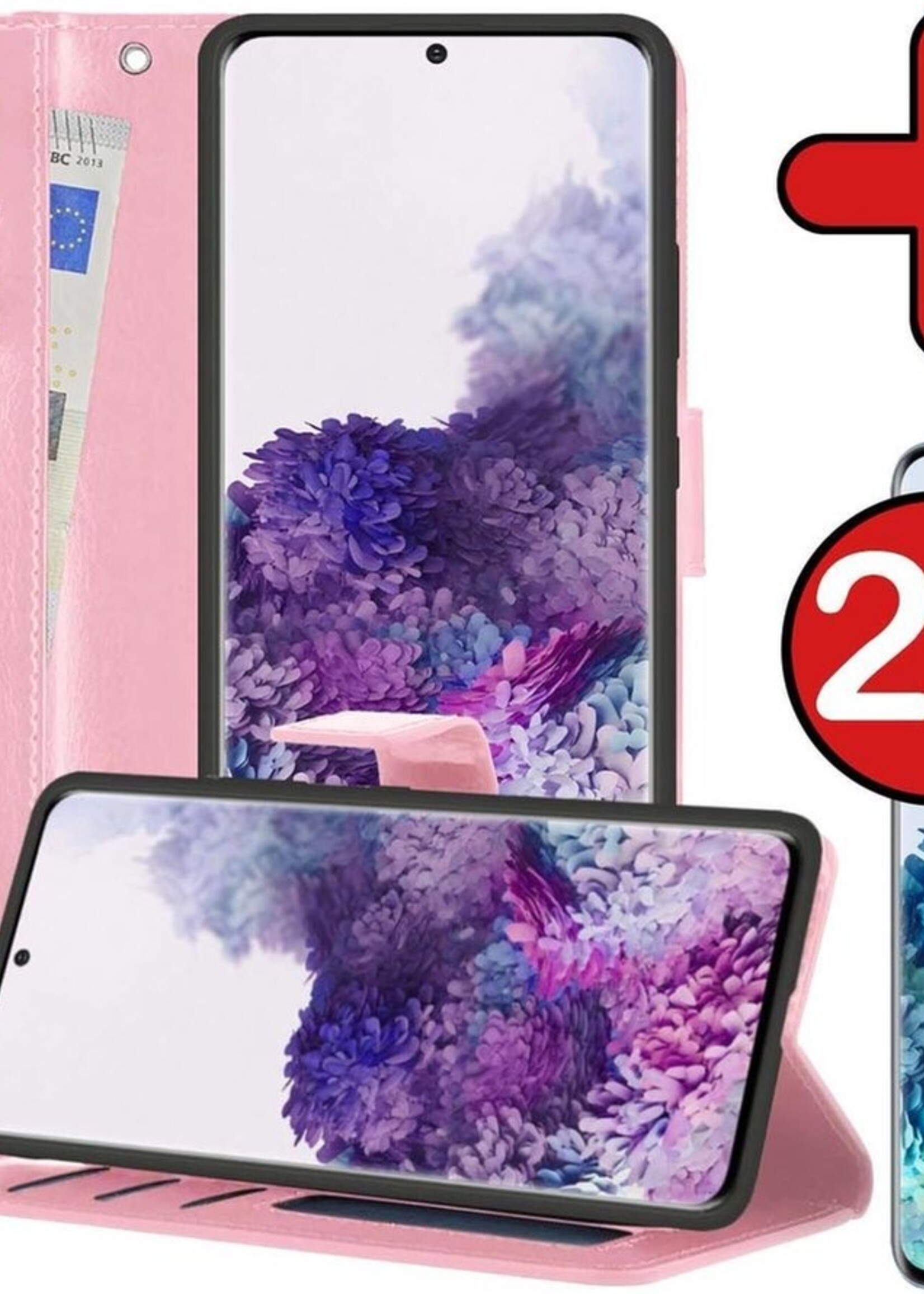 BTH Hoesje Geschikt voor Samsung S20 Plus Hoesje Book Case Hoes Portemonnee Cover Walletcase Met 2x Screenprotector - Hoes Geschikt voor Samsung Galaxy S20 Plus Hoes Bookcase Hoesje - Lichtroze