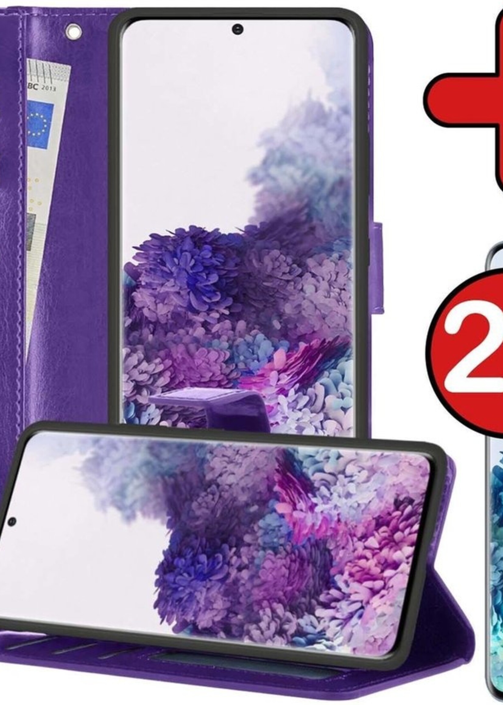 BTH Hoesje Geschikt voor Samsung S20 Ultra Hoesje Book Case Hoes Portemonnee Cover Walletcase Met 2x Screenprotector - Hoes Geschikt voor Samsung Galaxy S20 Ultra Hoes Bookcase Hoesje - Paars