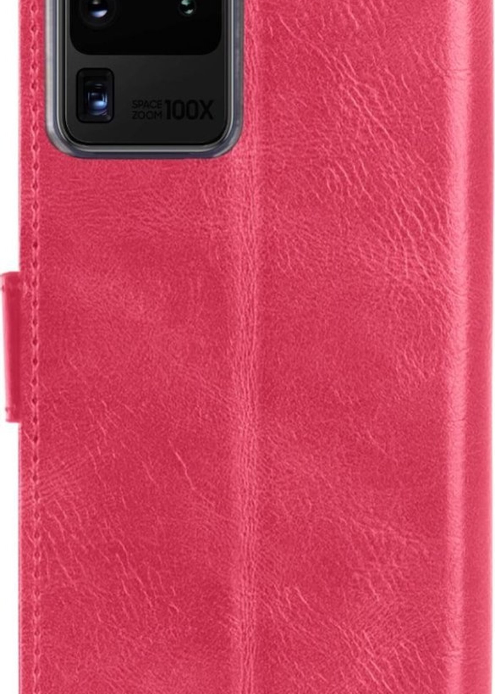 BTH Hoesje Geschikt voor Samsung S20 Ultra Hoesje Book Case Hoes Portemonnee Cover Walletcase Met 2x Screenprotector - Hoes Geschikt voor Samsung Galaxy S20 Ultra Hoes Bookcase Hoesje - Donkerroze