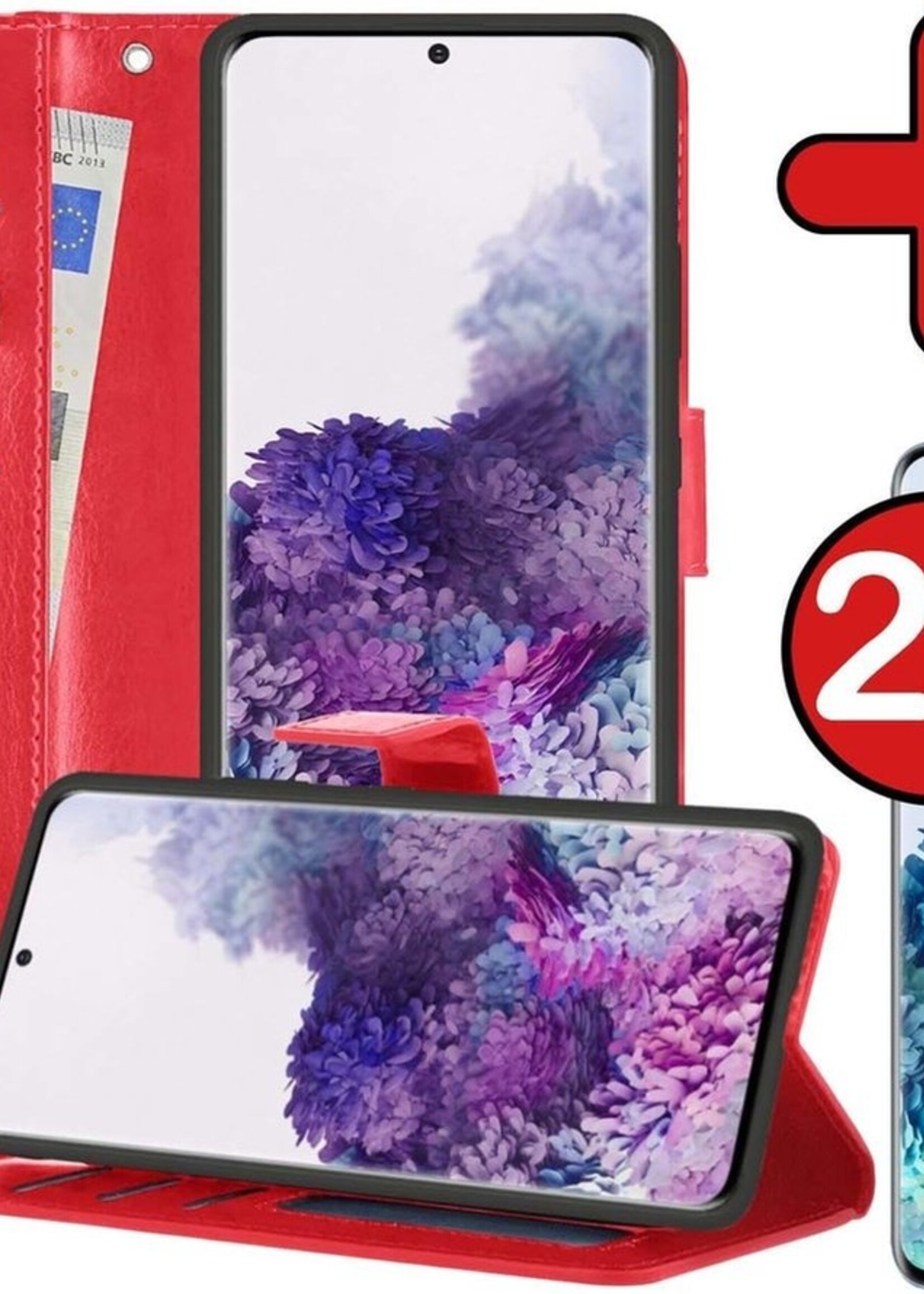BTH Hoesje Geschikt voor Samsung S20 Ultra Hoesje Book Case Hoes Portemonnee Cover Walletcase Met 2x Screenprotector - Hoes Geschikt voor Samsung Galaxy S20 Ultra Hoes Bookcase Hoesje - Rood