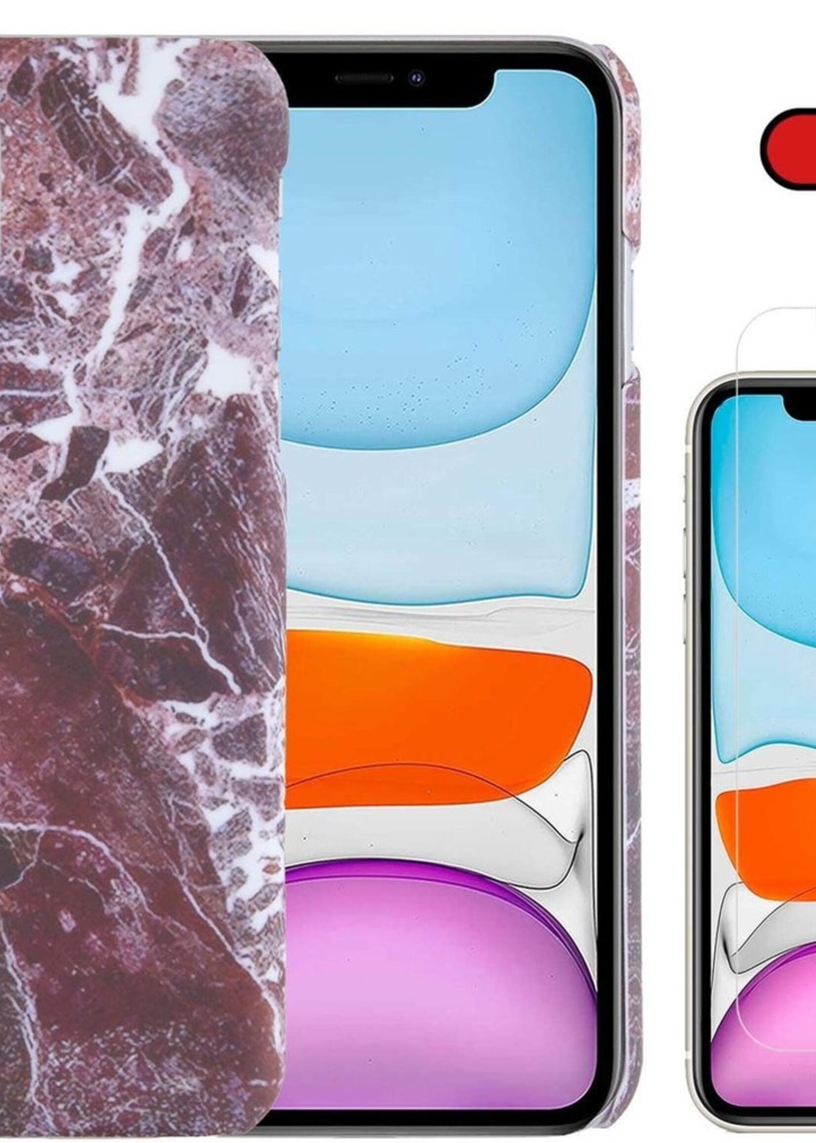 BTH Hoesje Geschikt voor iPhone 11 Hoesje Marmer Hardcover Fashion Case Hoes Met Screenprotector - Hoes Geschikt voor iPhone 11 Marmer Hoesje Hardcase Back Cover - Rood