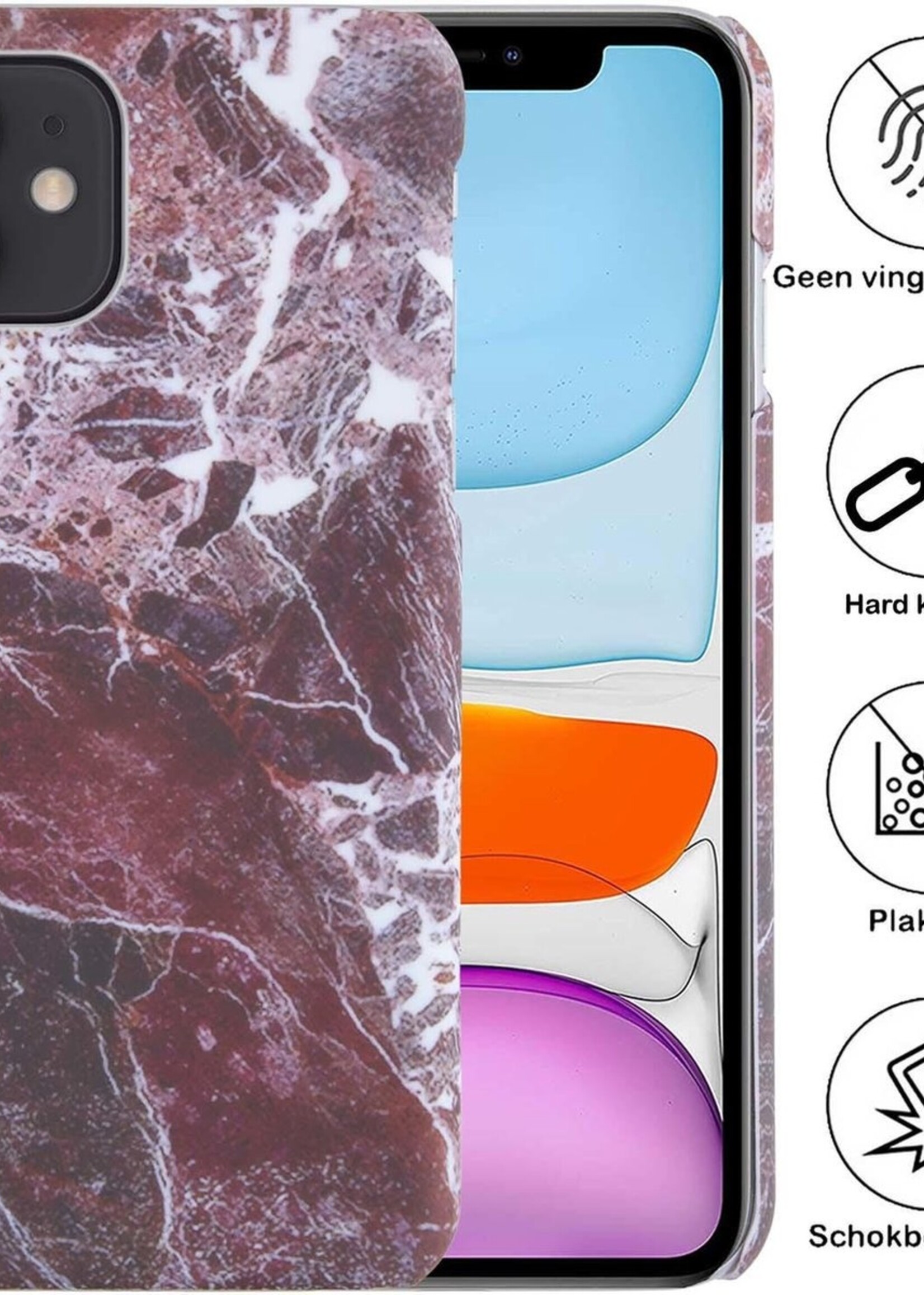 BTH Hoesje Geschikt voor iPhone 11 Hoesje Marmer Hardcover Fashion Case Hoes Met Screenprotector - Hoes Geschikt voor iPhone 11 Marmer Hoesje Hardcase Back Cover - Rood