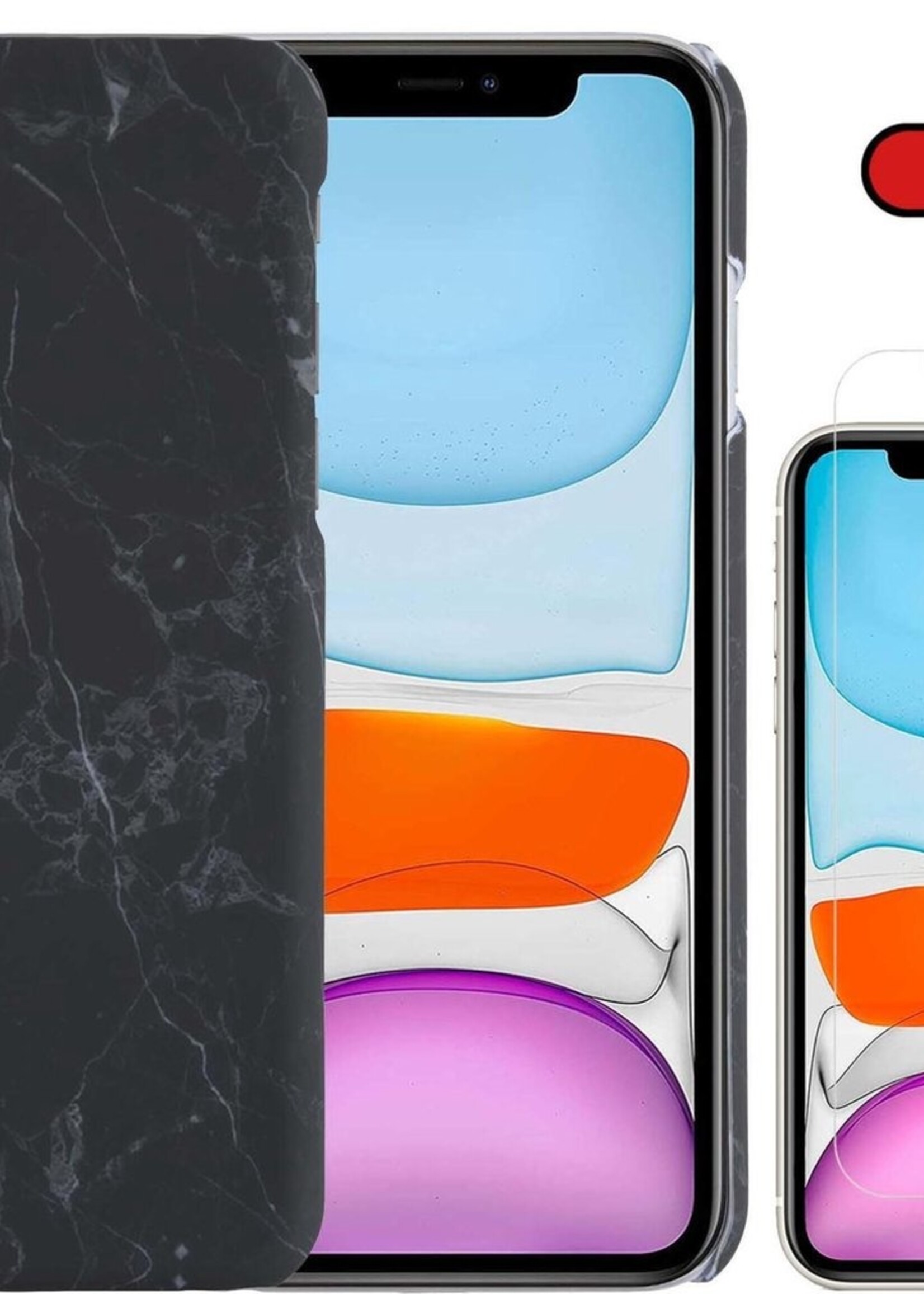 BTH Hoesje Geschikt voor iPhone 11 Pro Max Hoesje Marmer Hardcover Fashion Case Hoes Met Screenprotector - Hoes Geschikt voor iPhone 11 Pro Max Marmer Hoesje Hardcase Back Cover - Zwart