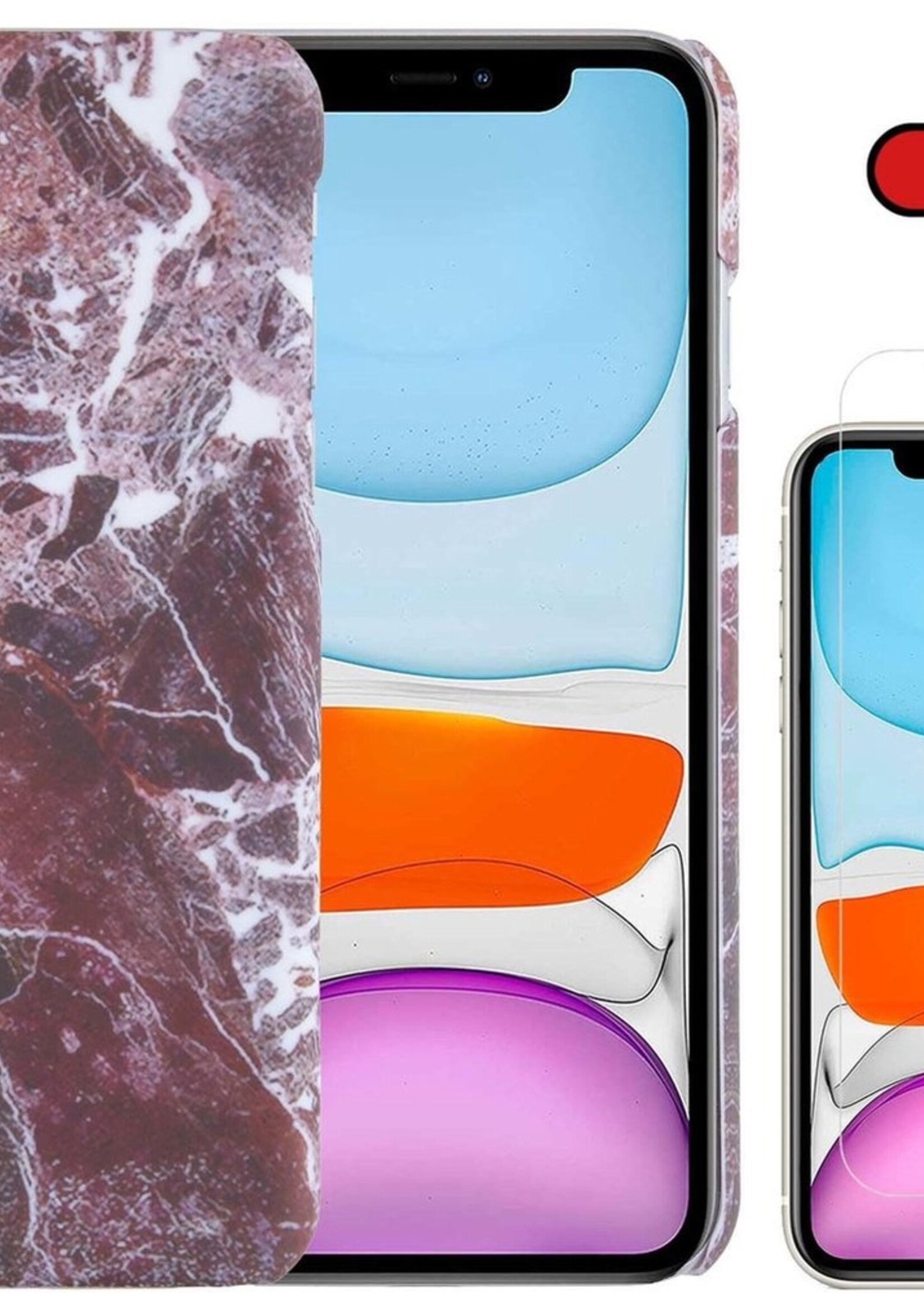 BTH Hoesje Geschikt voor iPhone 11 Pro Max Hoesje Marmer Hardcover Fashion Case Hoes Met Screenprotector - Hoes Geschikt voor iPhone 11 Pro Max Marmer Hoesje Hardcase Back Cover - Rood