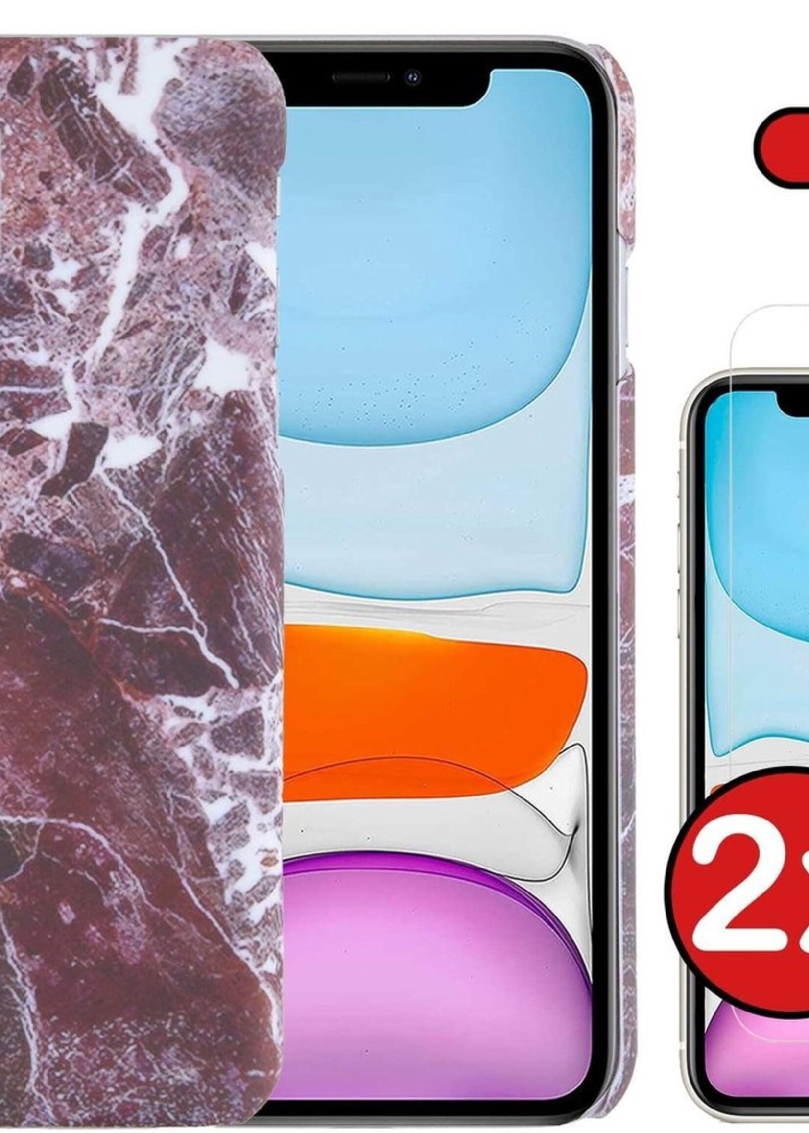 BTH Hoesje Geschikt voor iPhone 11 Hoesje Marmer Hardcover Fashion Case Hoes Met 2x Screenprotector - Hoes Geschikt voor iPhone 11 Marmer Hoesje Hardcase Back Cover - Rood