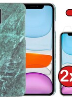 BTH BTH iPhone 11 hoesje marmer met 2x screenprotector - Groen