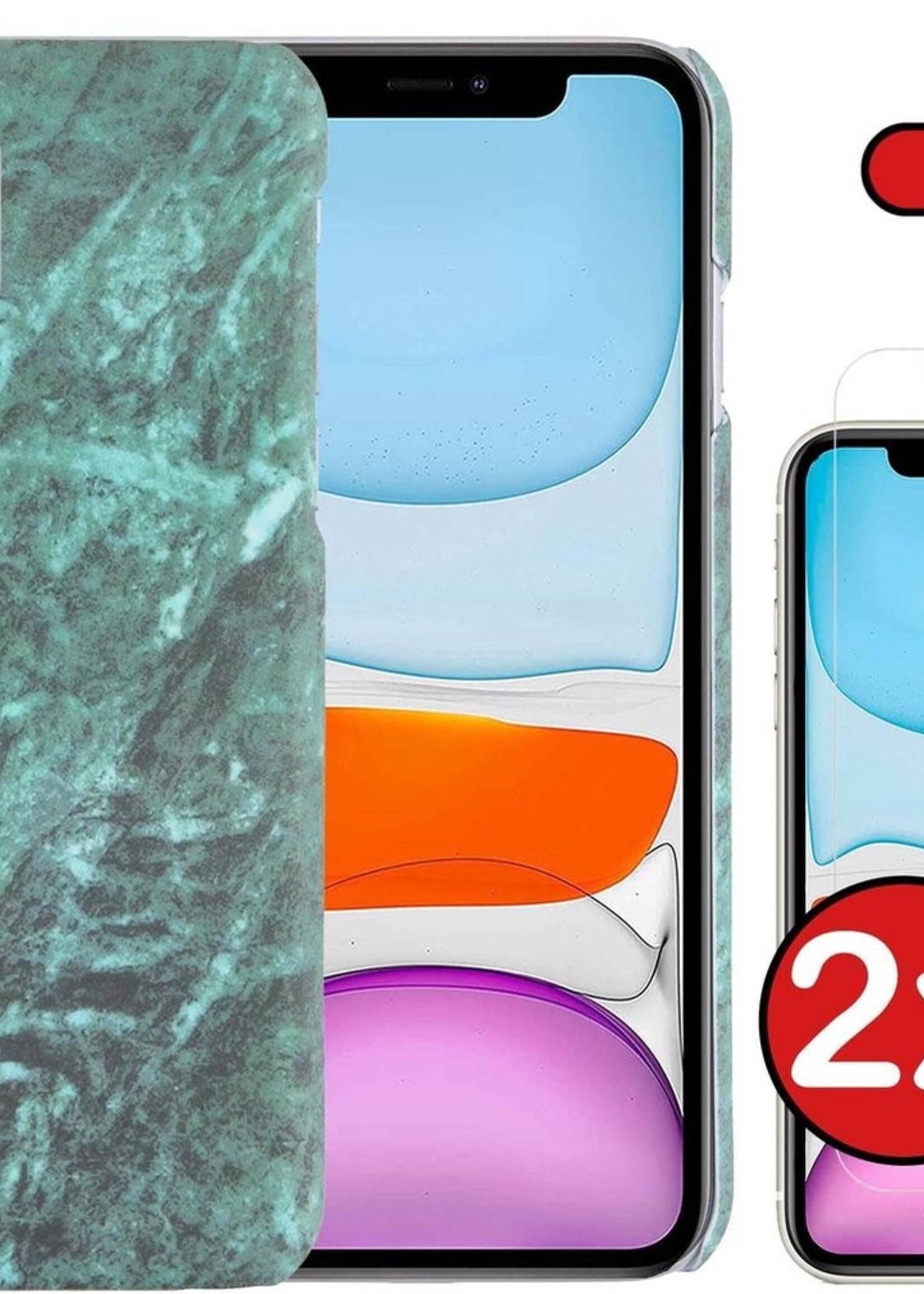 BTH Hoesje Geschikt voor iPhone 11 Hoesje Marmer Hardcover Fashion Case Hoes Met 2x Screenprotector - Hoes Geschikt voor iPhone 11 Marmer Hoesje Hardcase Back Cover - Groen