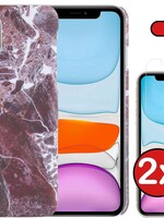 BTH BTH iPhone 11 Pro hoesje marmer met 2x screenprotector - Rood