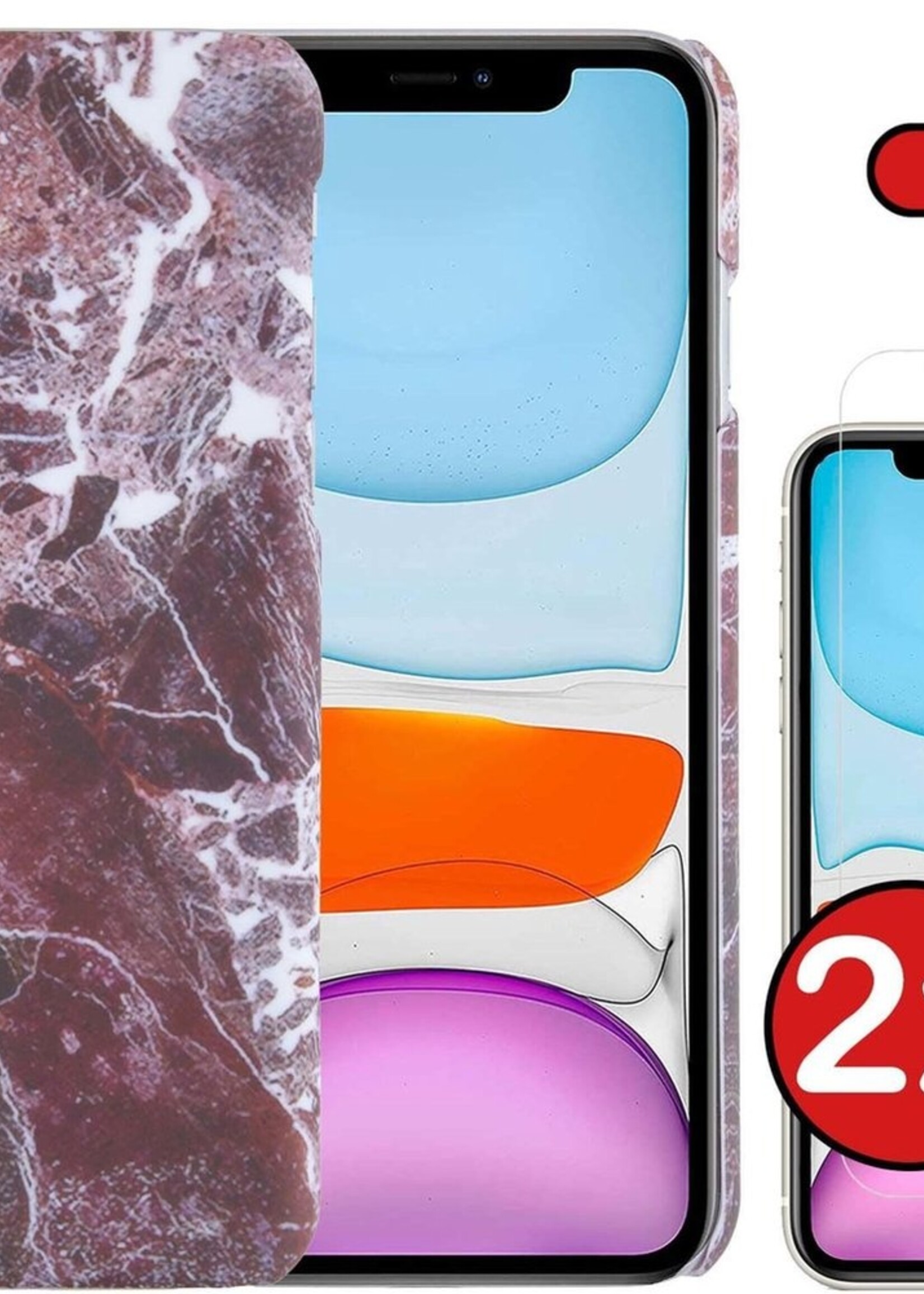 BTH Hoesje Geschikt voor iPhone 11 Pro Hoesje Marmer Hardcover Fashion Case Hoes Met 2x Screenprotector - Hoes Geschikt voor iPhone 11 Pro Marmer Hoesje Hardcase Back Cover - Rood