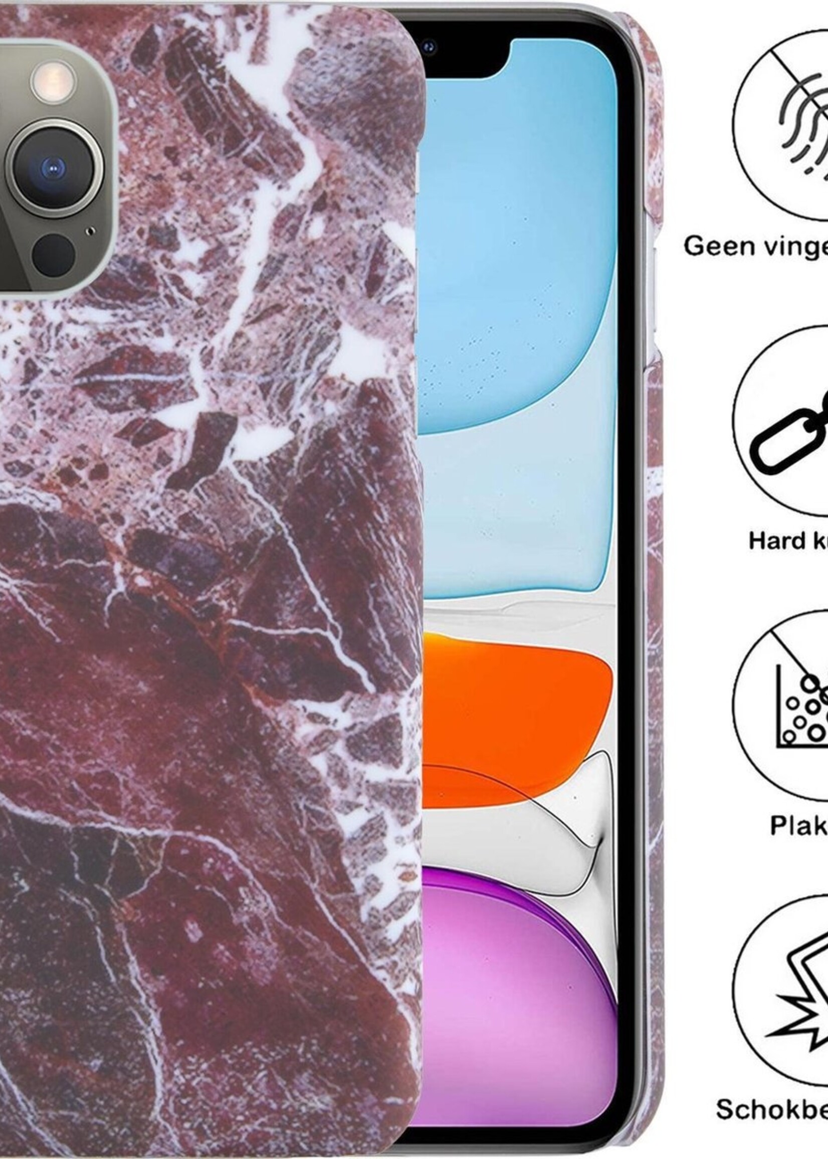 BTH Hoesje Geschikt voor iPhone 11 Pro Hoesje Marmer Hardcover Fashion Case Hoes Met 2x Screenprotector - Hoes Geschikt voor iPhone 11 Pro Marmer Hoesje Hardcase Back Cover - Rood