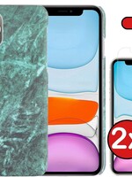 BTH BTH iPhone 11 Pro hoesje marmer met 2x screenprotector - Groen