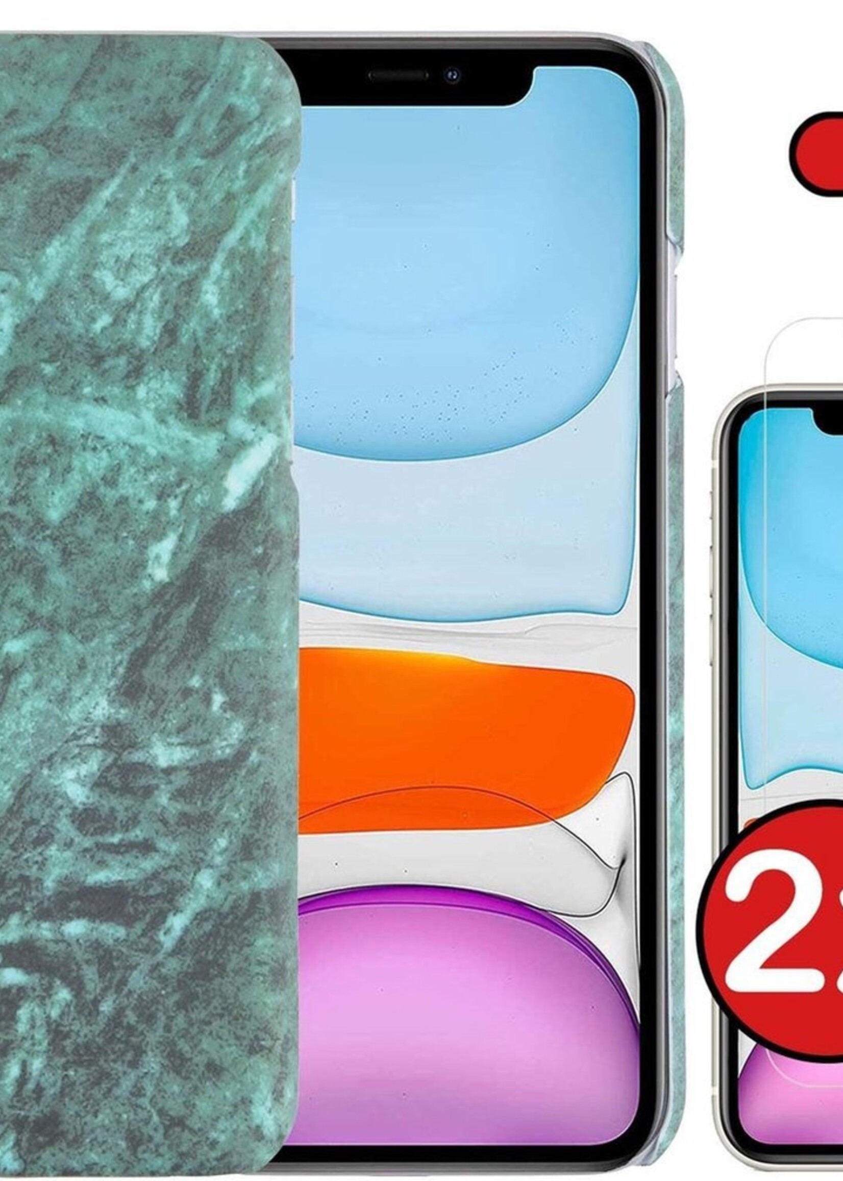 BTH Hoesje Geschikt voor iPhone 11 Pro Hoesje Marmer Hardcover Fashion Case Hoes Met 2x Screenprotector - Hoes Geschikt voor iPhone 11 Pro Marmer Hoesje Hardcase Back Cover - Groen