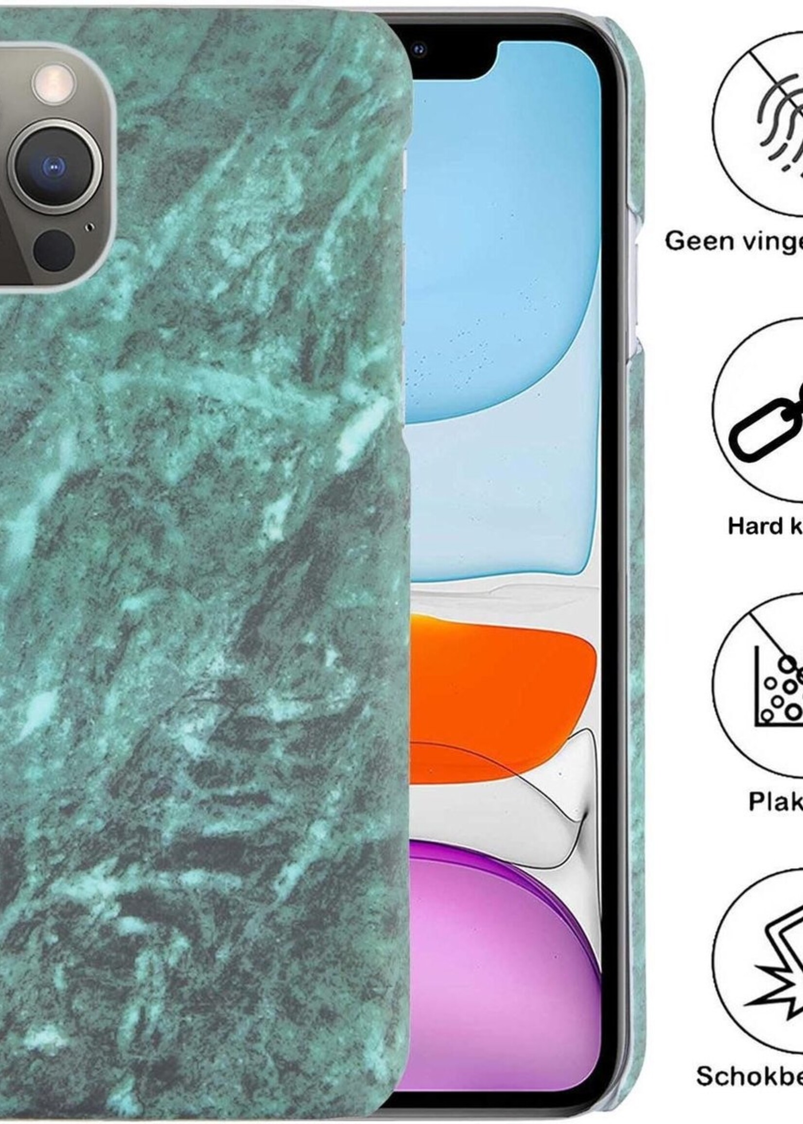 BTH Hoesje Geschikt voor iPhone 11 Pro Hoesje Marmer Hardcover Fashion Case Hoes Met 2x Screenprotector - Hoes Geschikt voor iPhone 11 Pro Marmer Hoesje Hardcase Back Cover - Groen