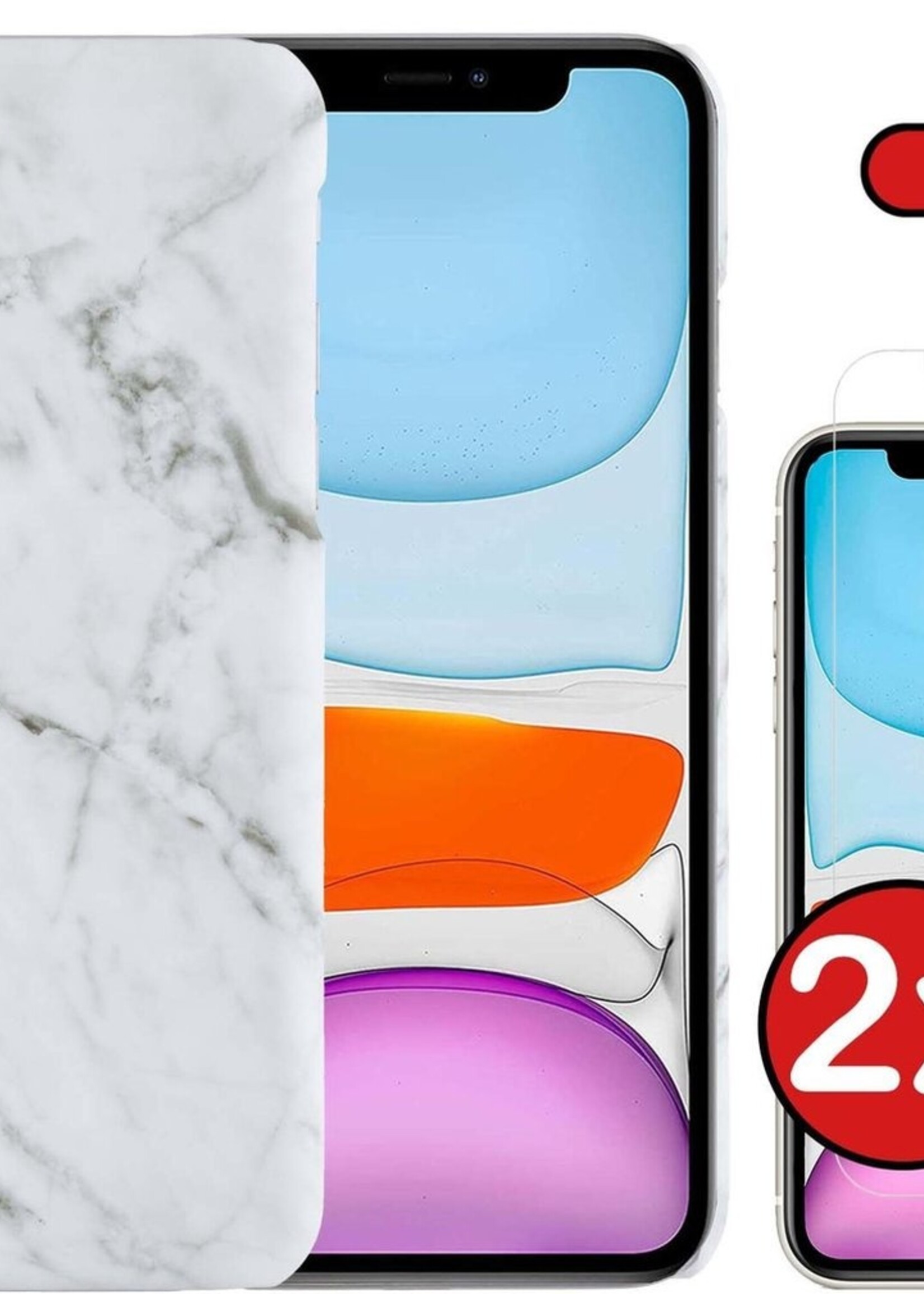 BTH Hoesje Geschikt voor iPhone 11 Pro Max Hoesje Marmer Hardcover Fashion Case Hoes Met 2x Screenprotector - Hoes Geschikt voor iPhone 11 Pro Max Marmer Hoesje Hardcase Back Cover - Wit