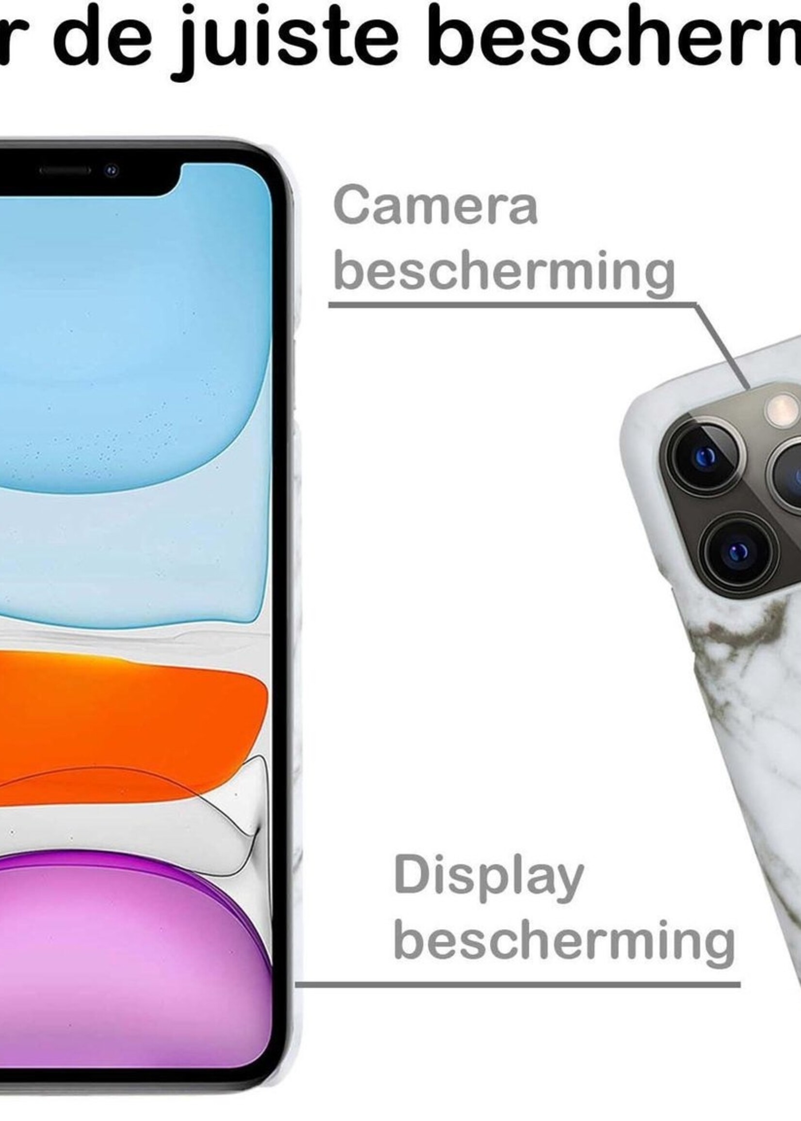 BTH Hoesje Geschikt voor iPhone 11 Pro Max Hoesje Marmer Hardcover Fashion Case Hoes Met 2x Screenprotector - Hoes Geschikt voor iPhone 11 Pro Max Marmer Hoesje Hardcase Back Cover - Wit
