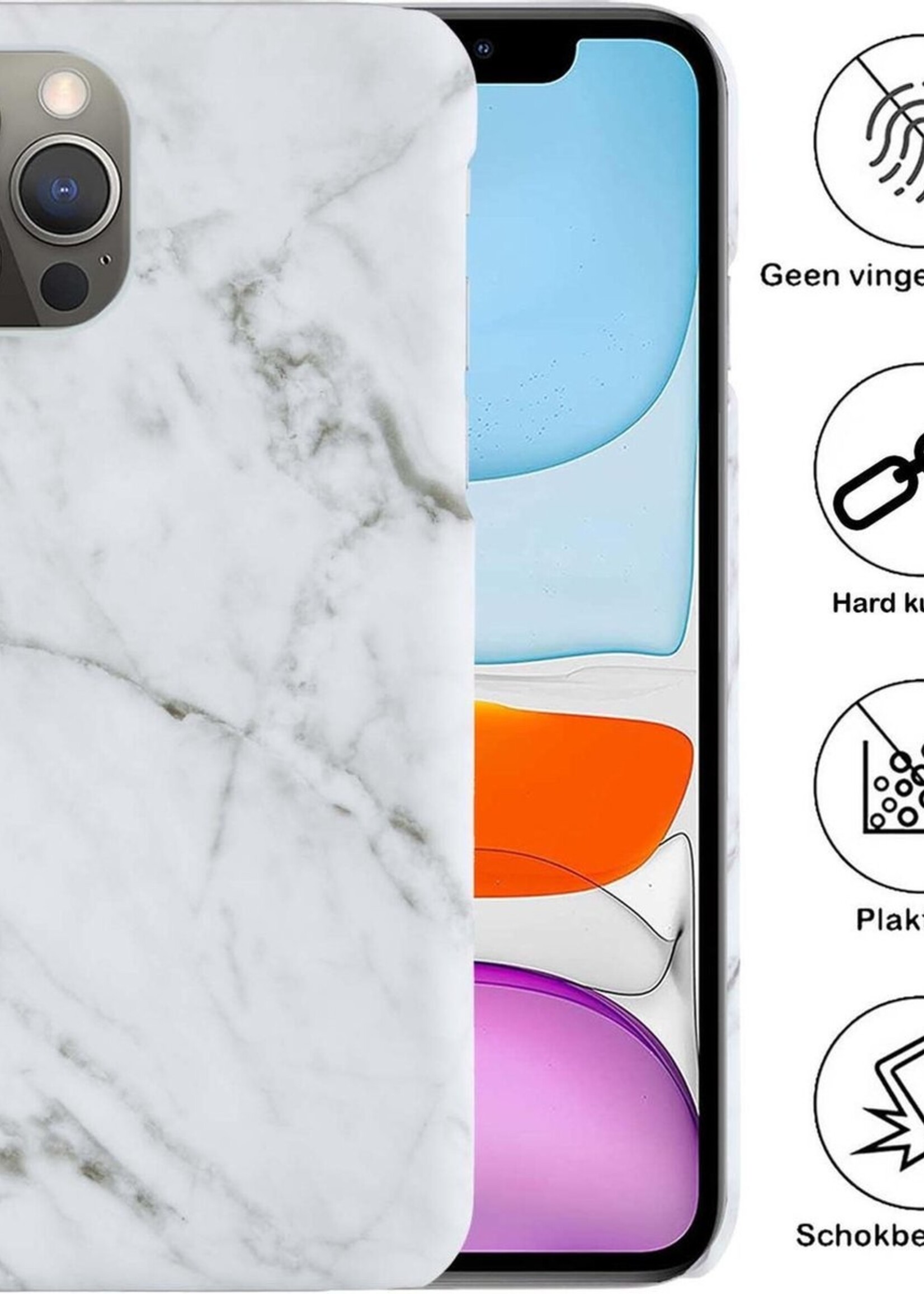 BTH Hoesje Geschikt voor iPhone 11 Pro Max Hoesje Marmer Hardcover Fashion Case Hoes Met 2x Screenprotector - Hoes Geschikt voor iPhone 11 Pro Max Marmer Hoesje Hardcase Back Cover - Wit