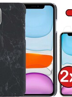 BTH BTH iPhone 11 Pro Max hoesje marmer met 2x screenprotector - Zwart