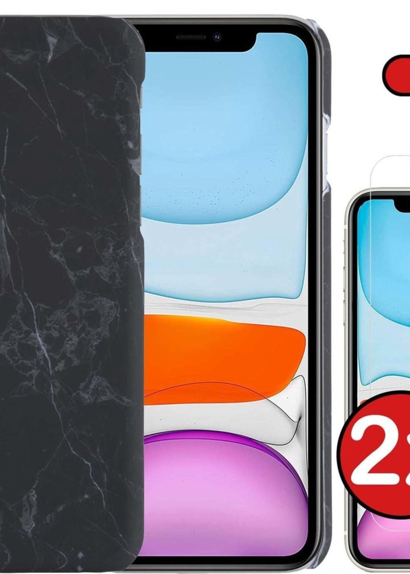 BTH Hoesje Geschikt voor iPhone 11 Pro Max Hoesje Marmer Hardcover Fashion Case Hoes Met 2x Screenprotector - Hoes Geschikt voor iPhone 11 Pro Max Marmer Hoesje Hardcase Back Cover - Zwart