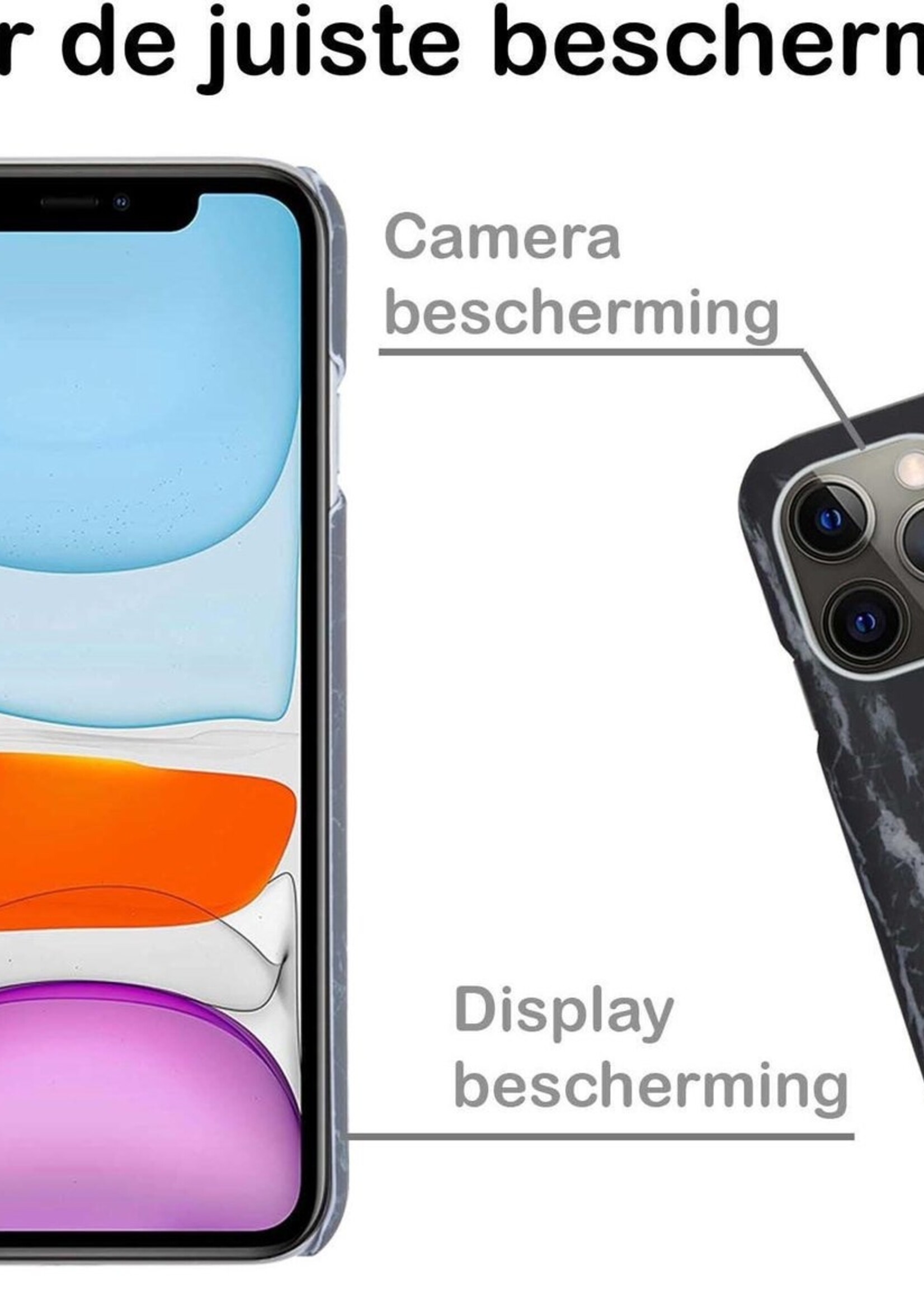 BTH Hoesje Geschikt voor iPhone 11 Pro Max Hoesje Marmer Hardcover Fashion Case Hoes Met 2x Screenprotector - Hoes Geschikt voor iPhone 11 Pro Max Marmer Hoesje Hardcase Back Cover - Zwart