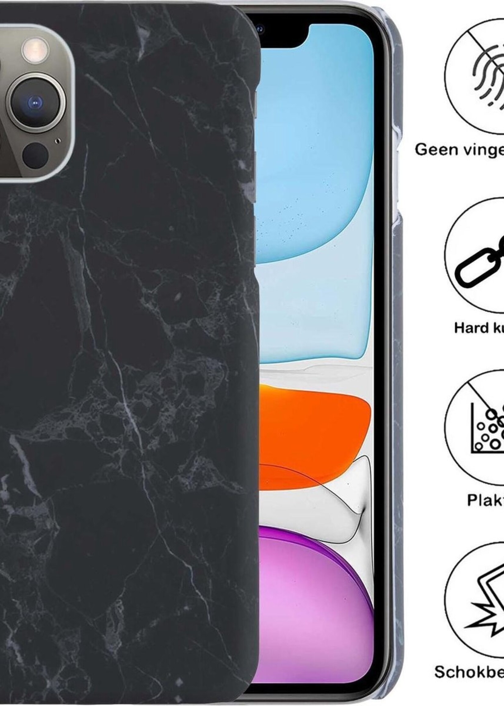 BTH Hoesje Geschikt voor iPhone 11 Pro Max Hoesje Marmer Hardcover Fashion Case Hoes Met 2x Screenprotector - Hoes Geschikt voor iPhone 11 Pro Max Marmer Hoesje Hardcase Back Cover - Zwart