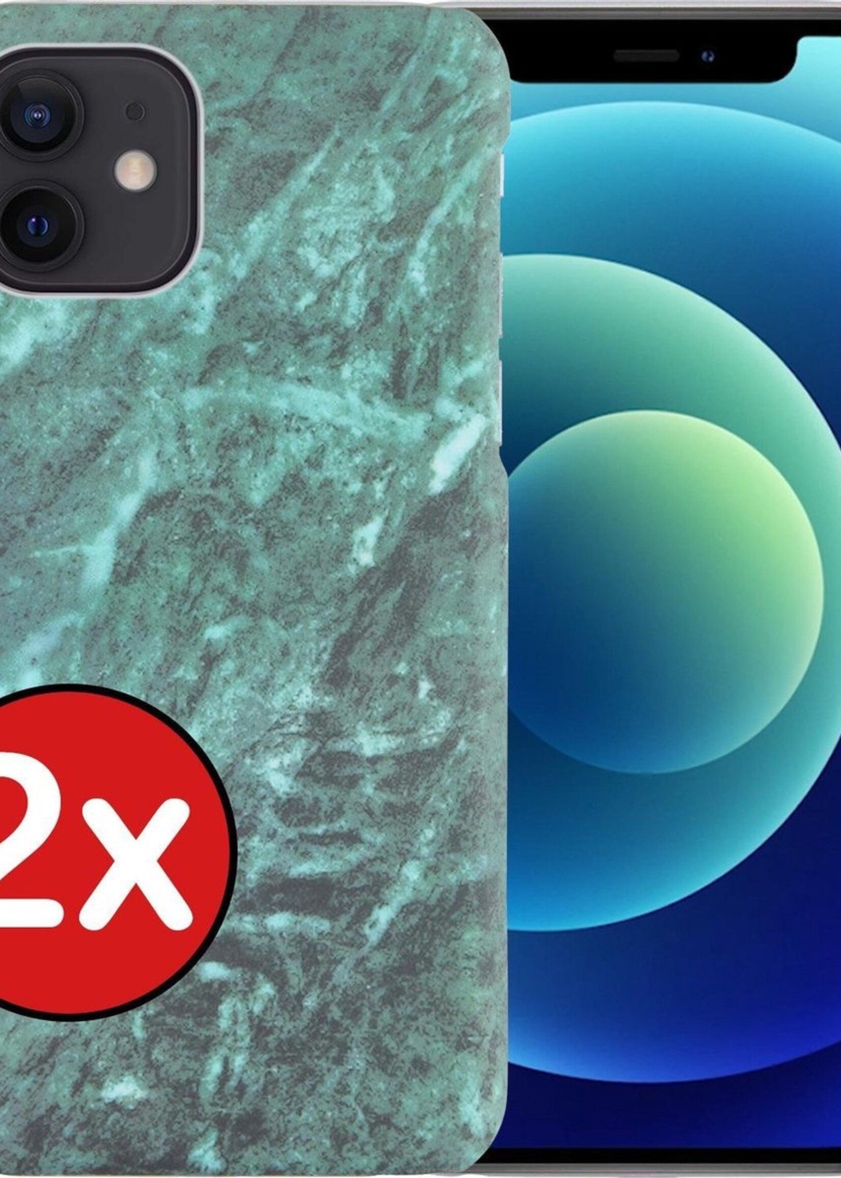 BTH Hoesje Geschikt voor iPhone 12 Hoesje Marmer Hardcover Fashion Case Hoes - Hoes Geschikt voor iPhone 12 Marmer Hoesje Hardcase Back Cover - Groen - 2 PACK