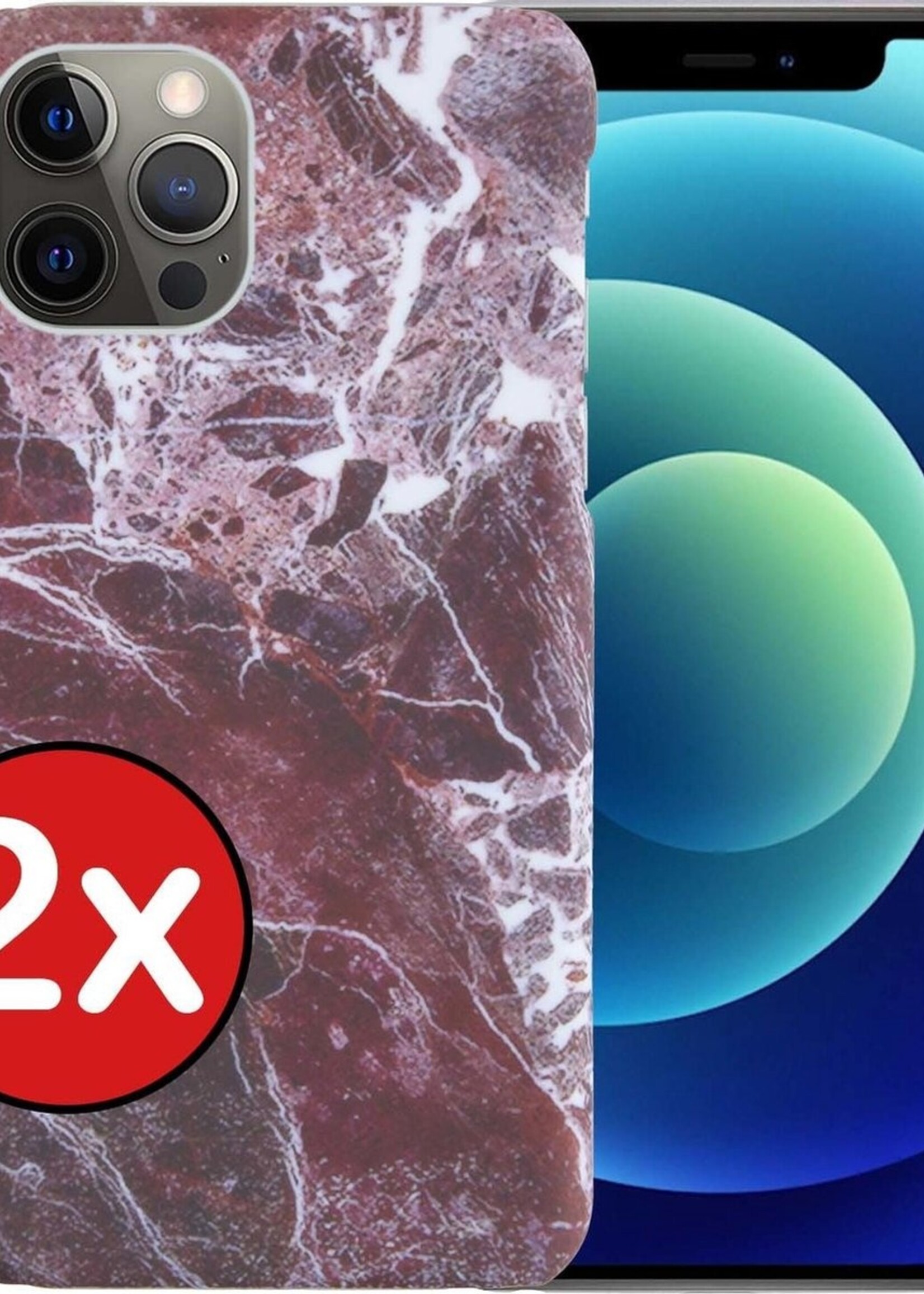 BTH Hoesje Geschikt voor iPhone 12 Pro Hoesje Marmer Hardcover Fashion Case Hoes - Hoes Geschikt voor iPhone 12 Pro Marmer Hoesje Hardcase Back Cover - Rood - 2 PACK