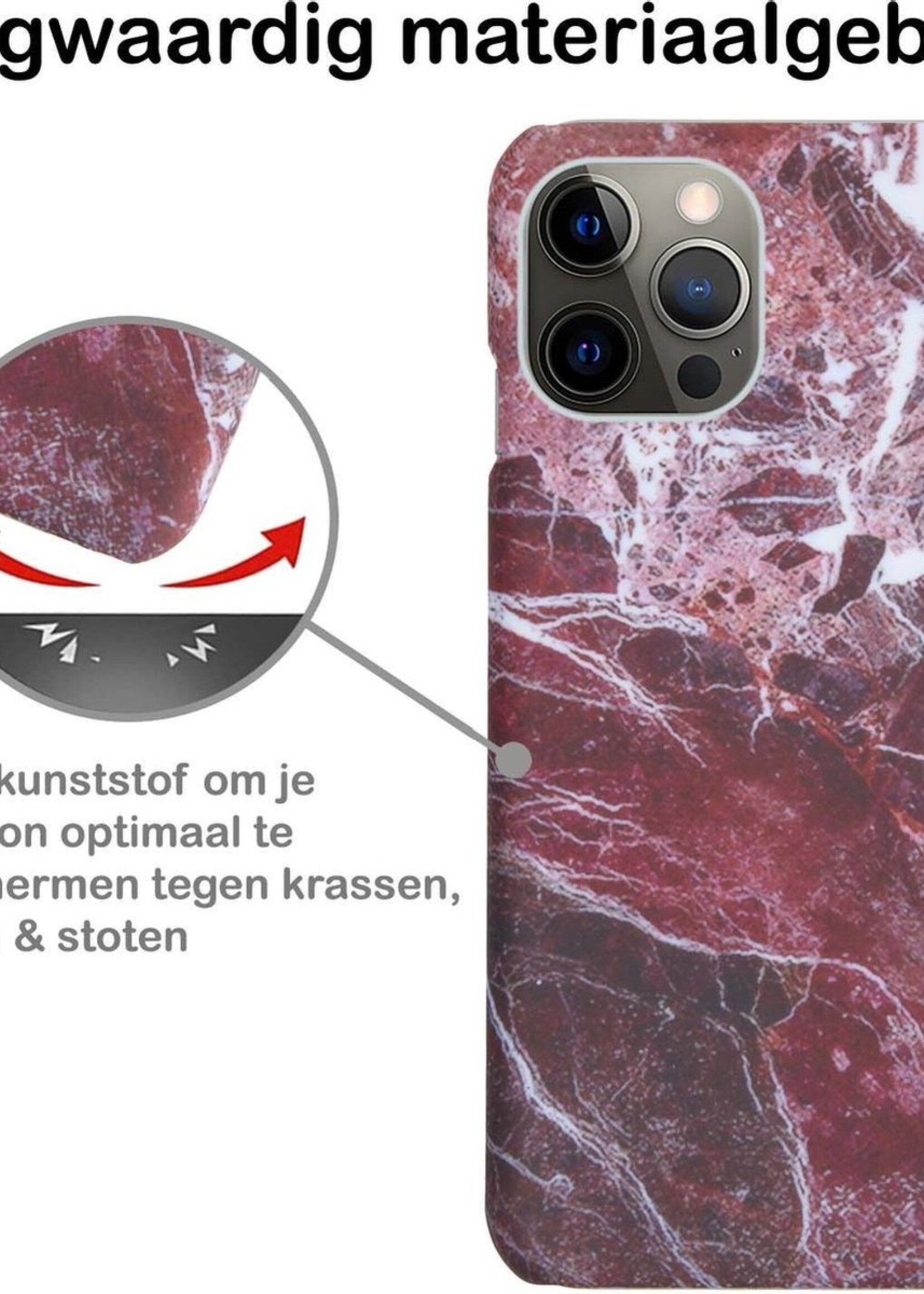 BTH Hoesje Geschikt voor iPhone 12 Pro Hoesje Marmer Hardcover Fashion Case Hoes - Hoes Geschikt voor iPhone 12 Pro Marmer Hoesje Hardcase Back Cover - Rood - 2 PACK