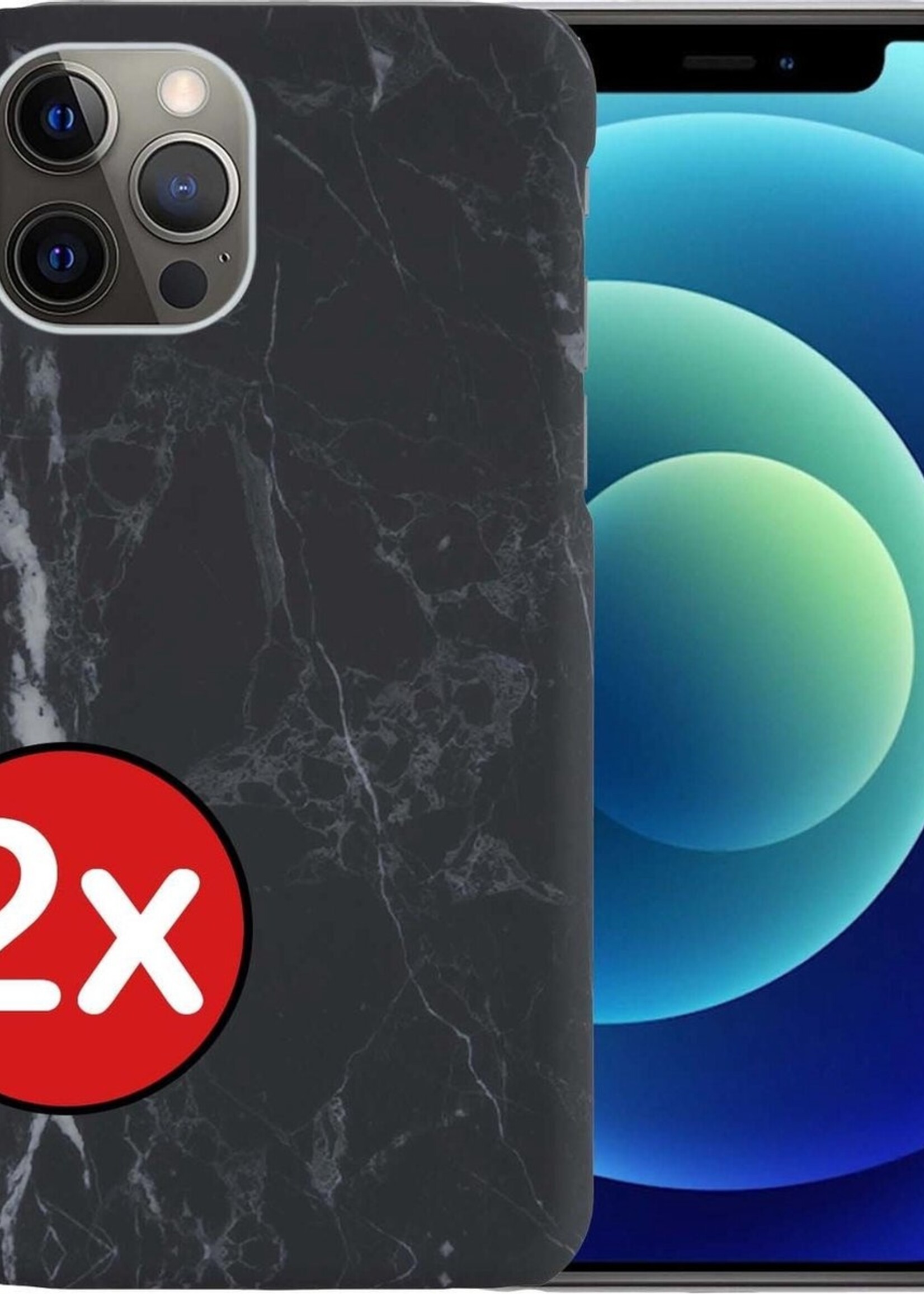 BTH Hoesje Geschikt voor iPhone 12 Pro Max Hoesje Marmer Hardcover Fashion Case Hoes - Hoes Geschikt voor iPhone 12 Pro Max Marmer Hoesje Hardcase Back Cover - Zwart - 2 PACK