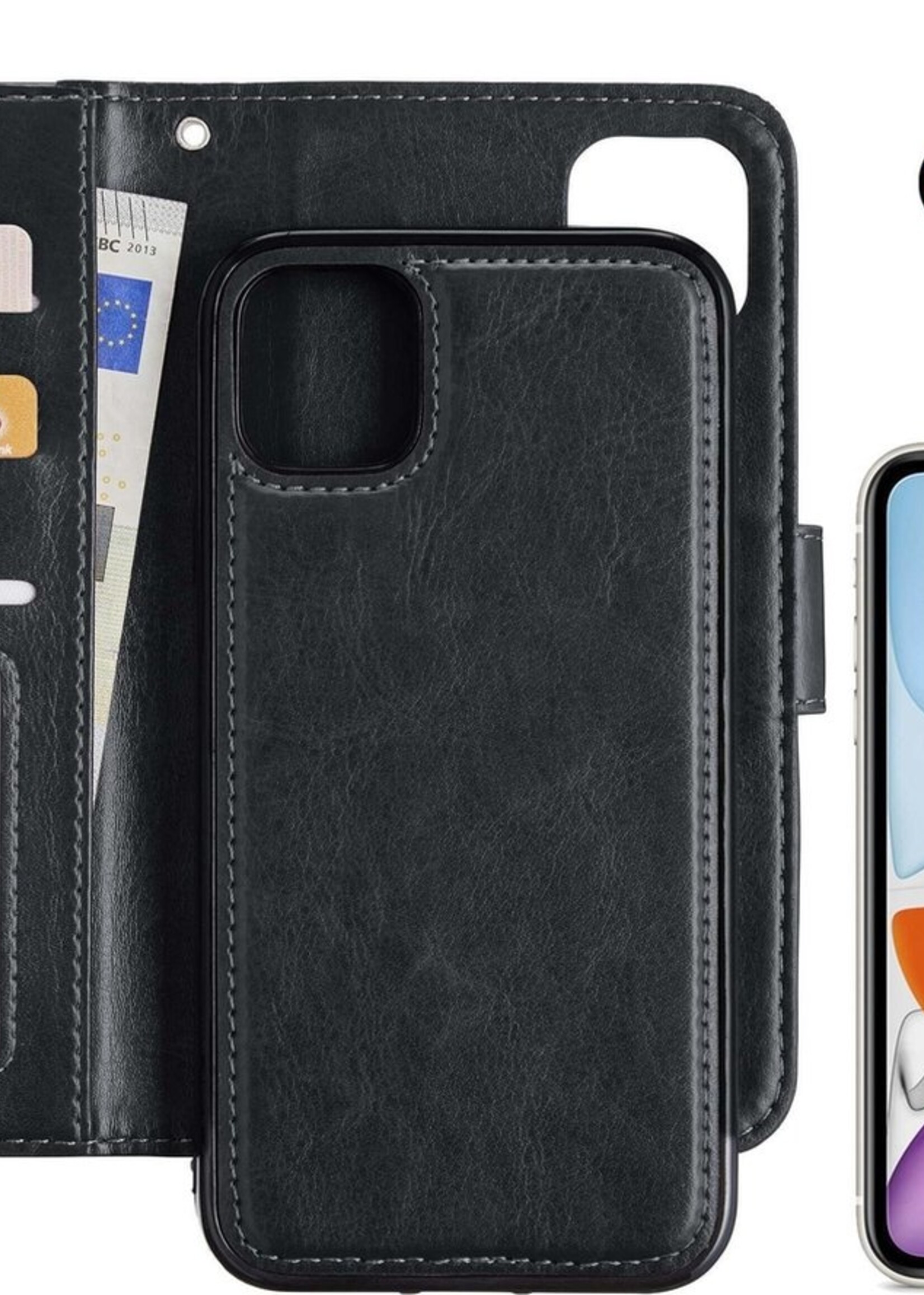 BTH Hoesje Geschikt voor iPhone 11 Hoesje Book Case Uitneembare 2-in-1 Hoes Met Screenprotector - Hoes Geschikt voor iPhone 11 Hoes Wallet Case Pashouder Hoesje - Zwart
