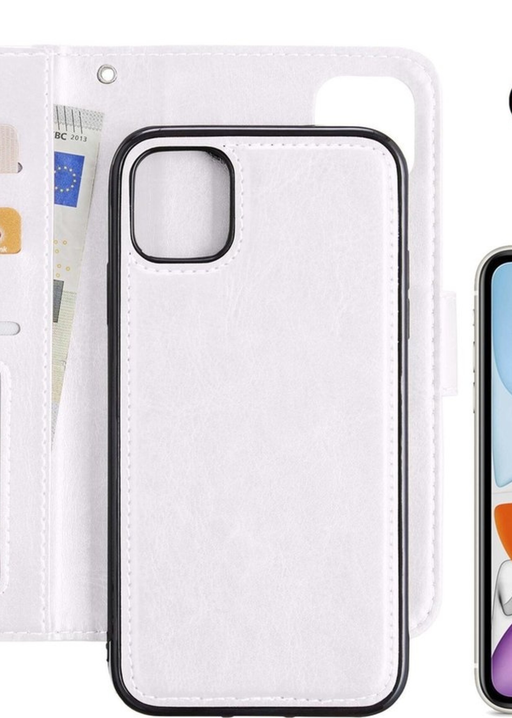 BTH Hoesje Geschikt voor iPhone 11 Hoesje Book Case Uitneembare 2-in-1 Hoes Met Screenprotector - Hoes Geschikt voor iPhone 11 Hoes Wallet Case Pashouder Hoesje - Wit
