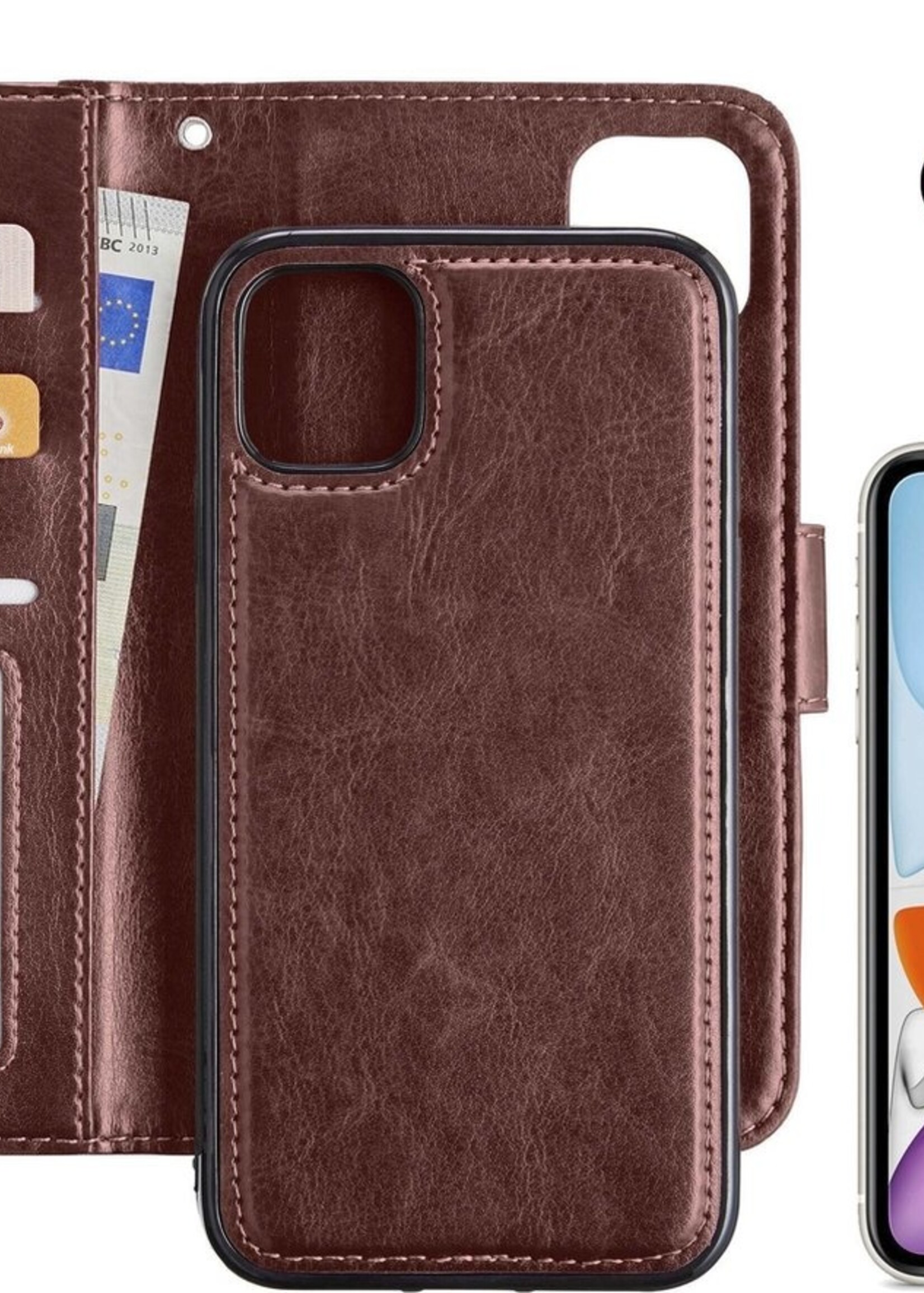 BTH Hoesje Geschikt voor iPhone 11 Hoesje Book Case Uitneembare 2-in-1 Hoes Met Screenprotector - Hoes Geschikt voor iPhone 11 Hoes Wallet Case Pashouder Hoesje - Bruin