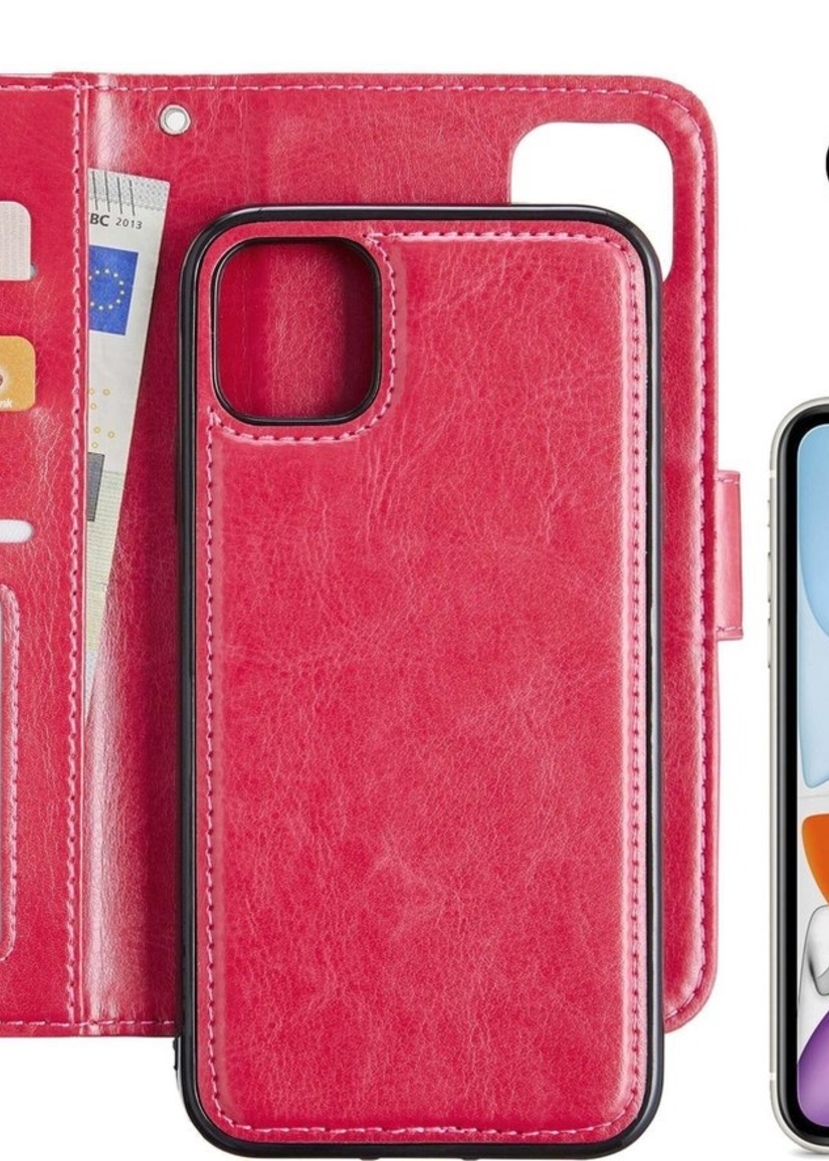 BTH Hoesje Geschikt voor iPhone 11 Hoesje Book Case Uitneembare 2-in-1 Hoes Met Screenprotector - Hoes Geschikt voor iPhone 11 Hoes Wallet Case Pashouder Hoesje - Donkerroze