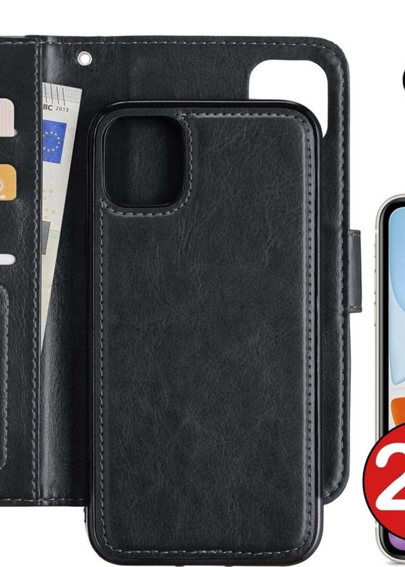 BTH Hoesje Geschikt voor iPhone 11 Hoesje Book Case Uitneembare 2-in-1 Hoes Met 2x Screenprotector - Hoes Geschikt voor iPhone 11 Hoes Wallet Case Pashouder Hoesje - Zwart