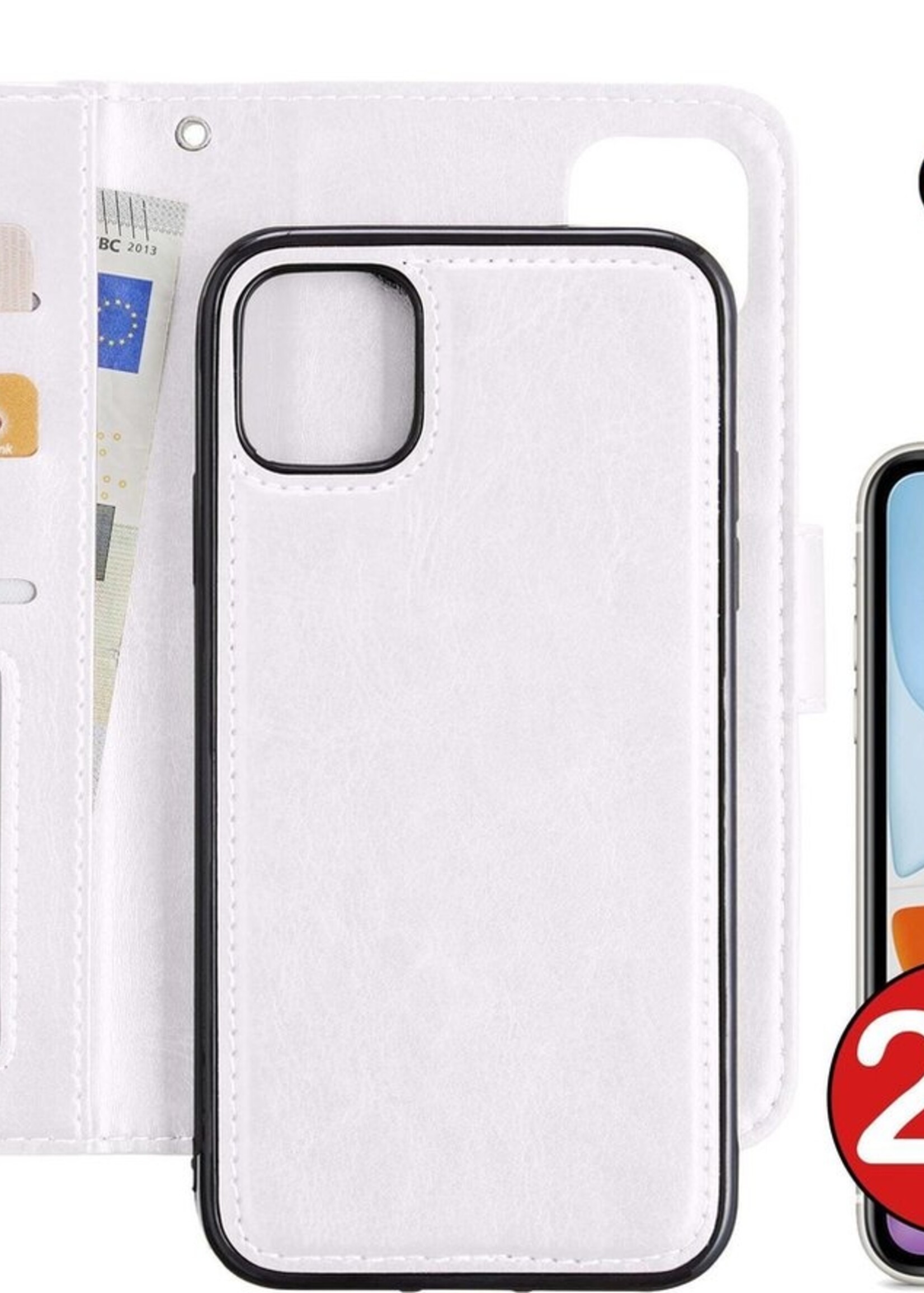 BTH Hoesje Geschikt voor iPhone 11 Hoesje Book Case Uitneembare 2-in-1 Hoes Met 2x Screenprotector - Hoes Geschikt voor iPhone 11 Hoes Wallet Case Pashouder Hoesje - Wit