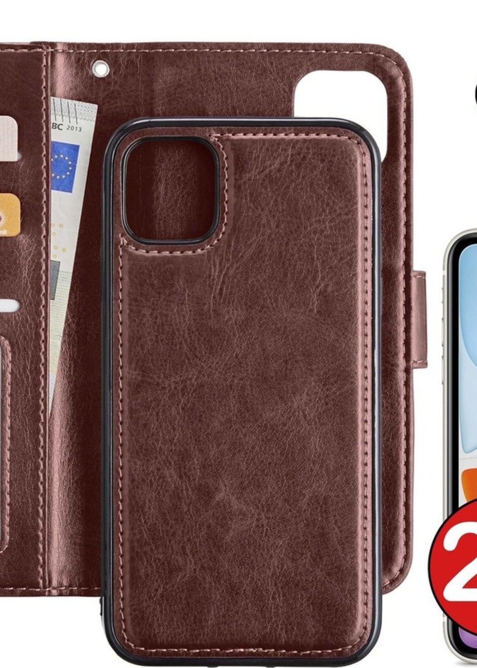 BTH Hoesje Geschikt voor iPhone 11 Hoesje Book Case Uitneembare 2-in-1 Hoes Met 2x Screenprotector - Hoes Geschikt voor iPhone 11 Hoes Wallet Case Pashouder Hoesje - Bruin