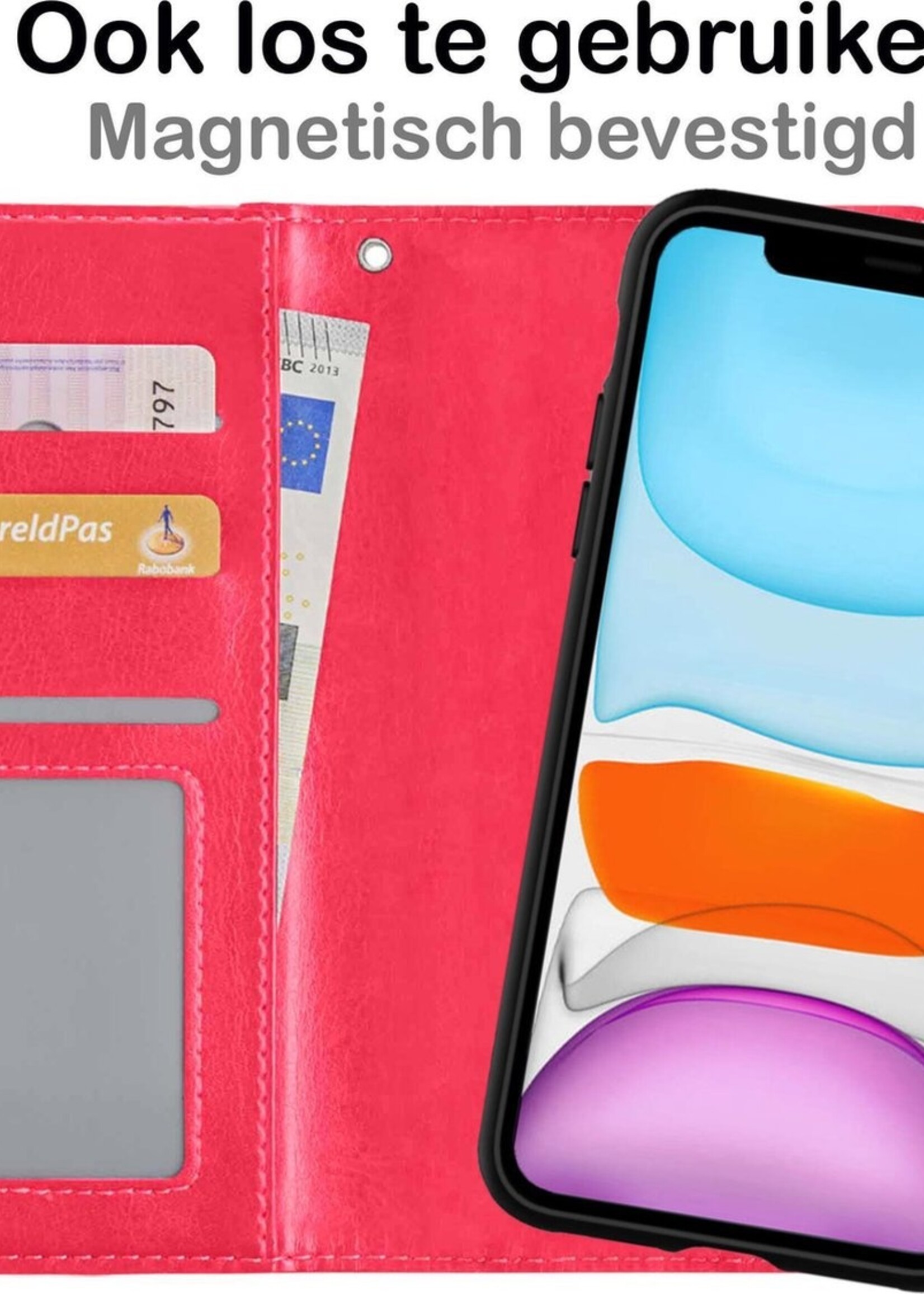 BTH Hoesje Geschikt voor iPhone 11 Hoesje Book Case Uitneembare 2-in-1 Hoes Met 2x Screenprotector - Hoes Geschikt voor iPhone 11 Hoes Wallet Case Pashouder Hoesje - Donkerroze