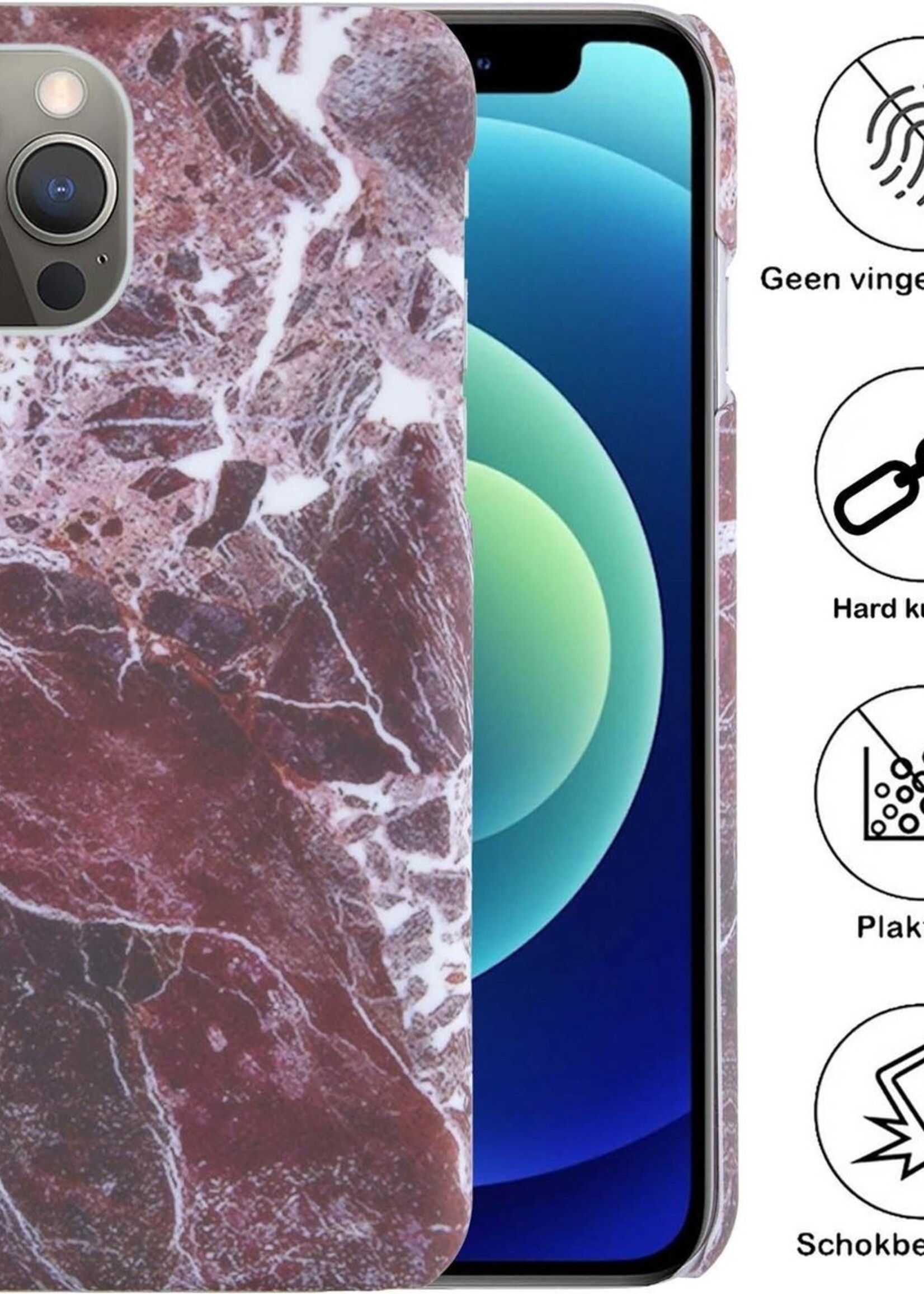 BTH Hoesje Geschikt voor iPhone 12 Pro Hoesje Marmer Hardcover Fashion Case Hoes Met Screenprotector - Hoes Geschikt voor iPhone 12 Pro Marmer Hoesje Hardcase Back Cover - Rood