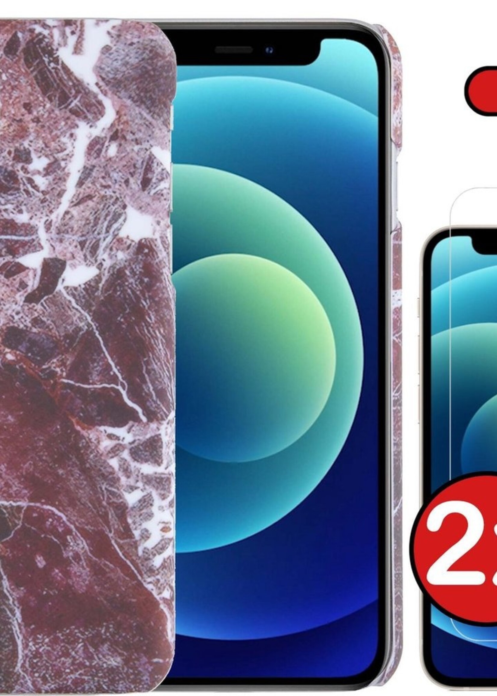 BTH Hoesje Geschikt voor iPhone 12 Mini Hoesje Marmer Hardcover Fashion Case Hoes Met 2x Screenprotector - Hoes Geschikt voor iPhone 12 Mini Marmer Hoesje Hardcase Back Cover - Rood