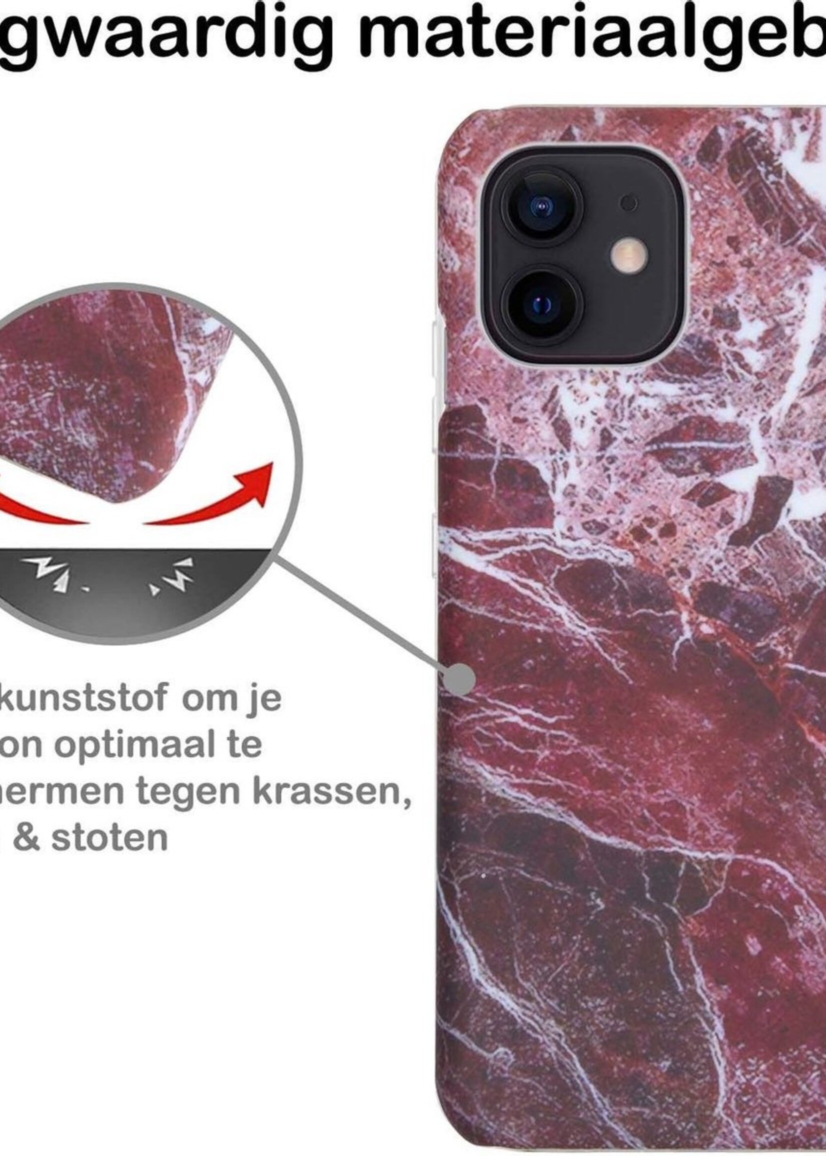 BTH Hoesje Geschikt voor iPhone 12 Mini Hoesje Marmer Hardcover Fashion Case Hoes Met 2x Screenprotector - Hoes Geschikt voor iPhone 12 Mini Marmer Hoesje Hardcase Back Cover - Rood