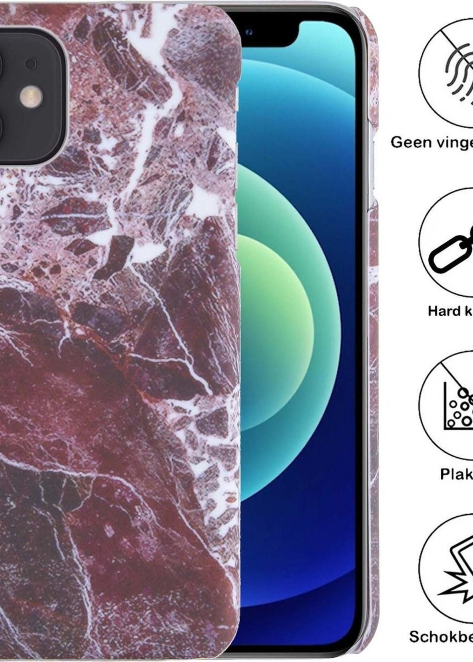 BTH Hoesje Geschikt voor iPhone 12 Mini Hoesje Marmer Hardcover Fashion Case Hoes Met 2x Screenprotector - Hoes Geschikt voor iPhone 12 Mini Marmer Hoesje Hardcase Back Cover - Rood